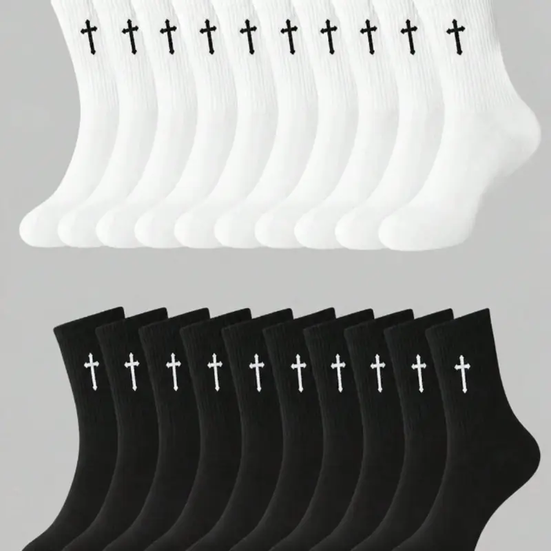 Men's Street Style Cross Pattern Crew Socks, Soft, Breathable Moisture-Wicking Fabric, All-Season Socks, Ideal for Outdoor Activities & Daily Wear, 5/10/20 Pairs Pack