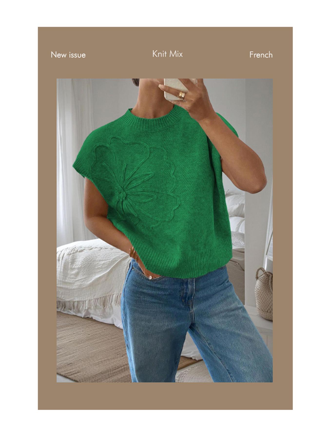 Women's Plain Flower Jacquard Semi-sheer Cable Knit Top, Casual Sleeveless V Neck Knitwear for Daily Wear, Ladies Clothes for All Seasons