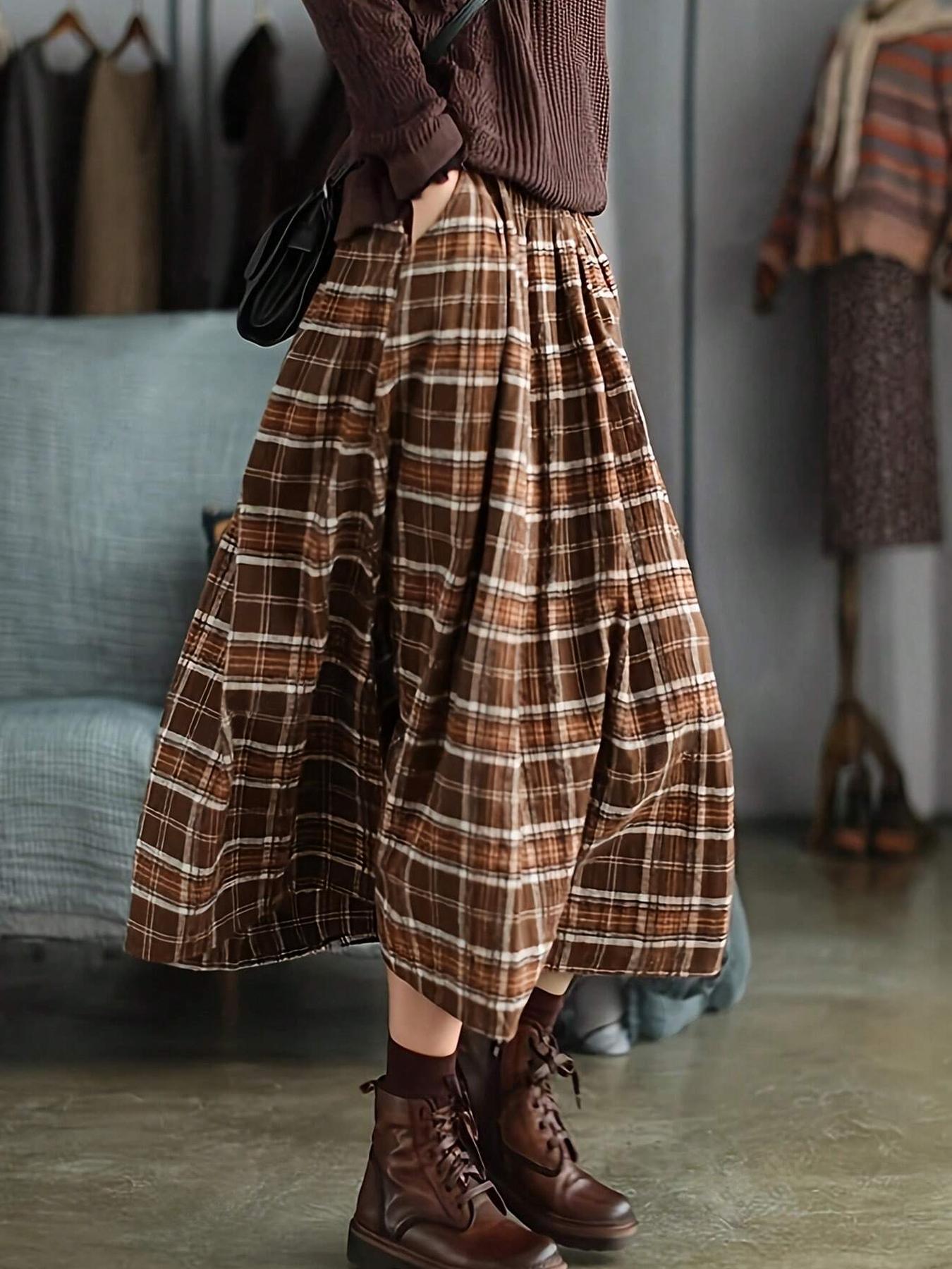 Women's Plaid Woven A-Line Long Dress,flared skirt， Casual Loose Fit Elastic Waist Pocket Design, All-Season Wearable Fashion Skirt
