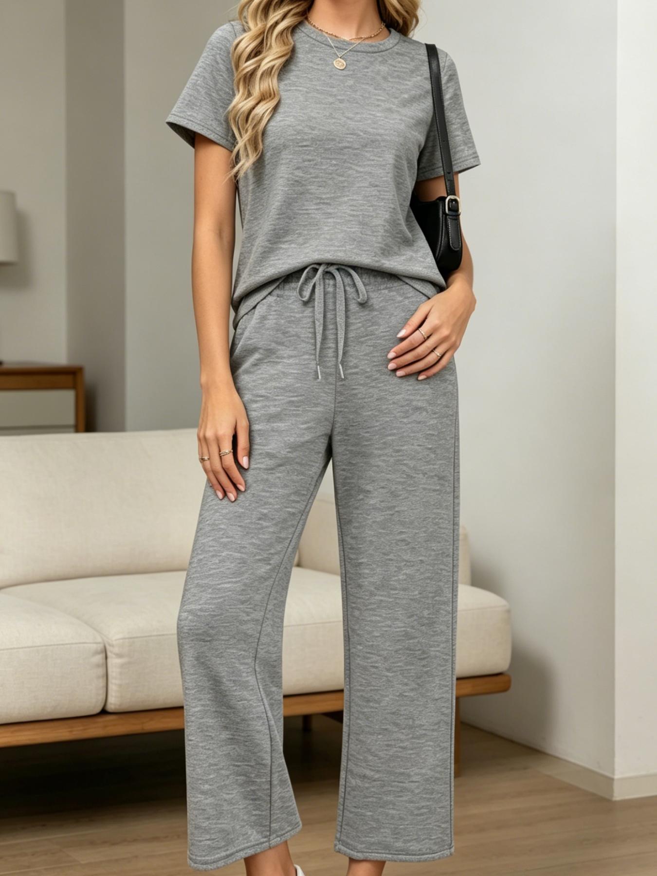 Women's Fashion Solid Color Casual Round Neck Pocket T-Shirt + Drawstring Wide Leg Pants Set Loose Fit Slimming Wide Leg Pants Two-Piece Set Suitable for Summer Commuting to Work Shopping Outings Indoor and Outdoor Wear