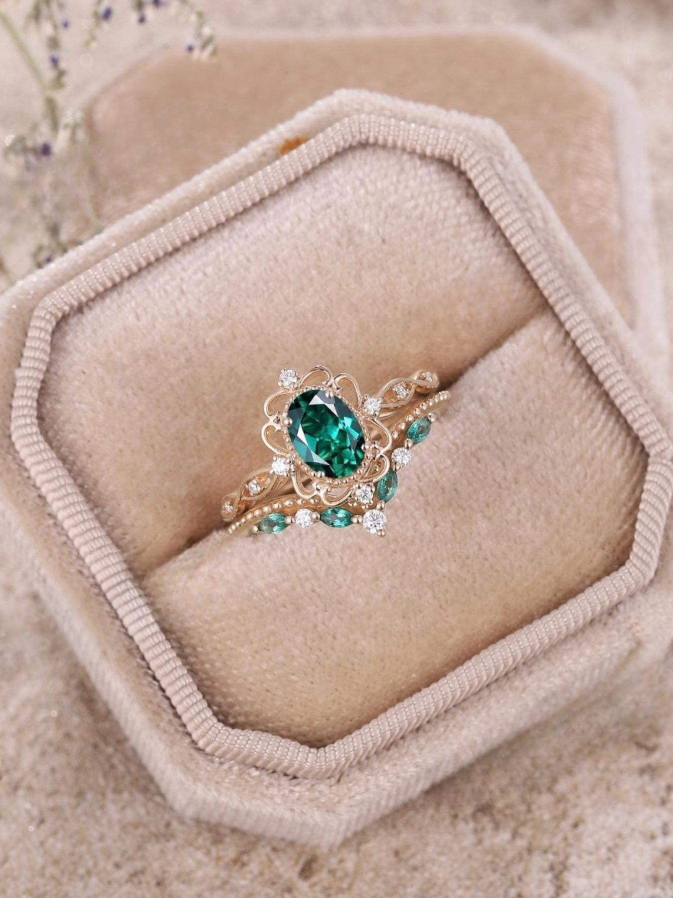 Trendy Emerald Zircon Ring, Sweet European Style Alloy Band, Zircon Wedding Rings, Rose Matching Set, Perfect for Thick Fingers