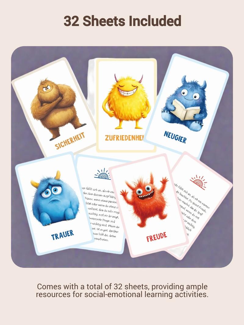 Emotion Monsters Cards with Explanatory Texts Cute Emotion Cards -German English French emotion cards,Self-Regulation Tools Social-Emotional Learning, Mood Management