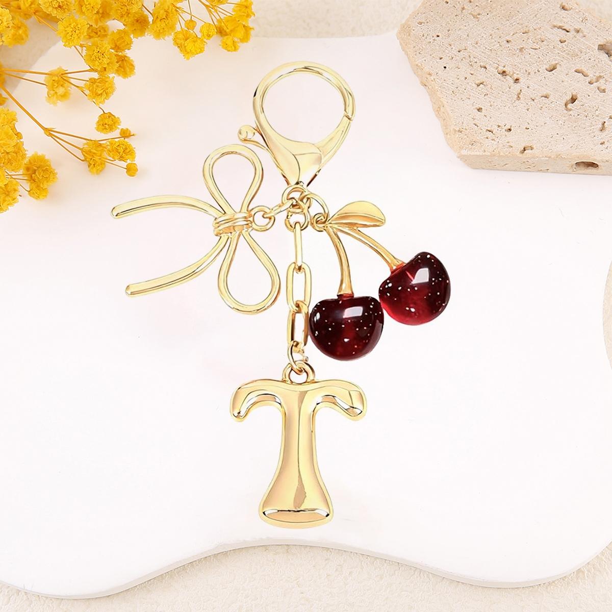 Women's Cherry Bow Letter Pendant Keychain, Casual Style Wallet, Handbag and Backpack Accessory, Car Keychain for Students
