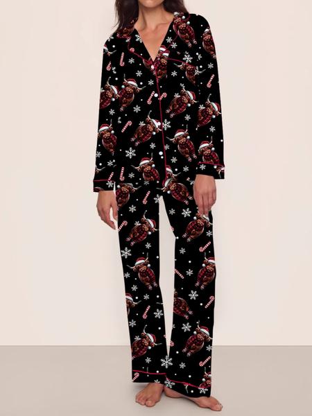 Women's Highland Cow Christmas Pajamas Set, Winter Thermal Long Sleeve Loungewear, Elastic Waist Pants, Black Soft & Cute Outdoor Christmas Costume, with Christmas Animal Hat, Tree, Snowflake, Candy Prints, Christmas Gift