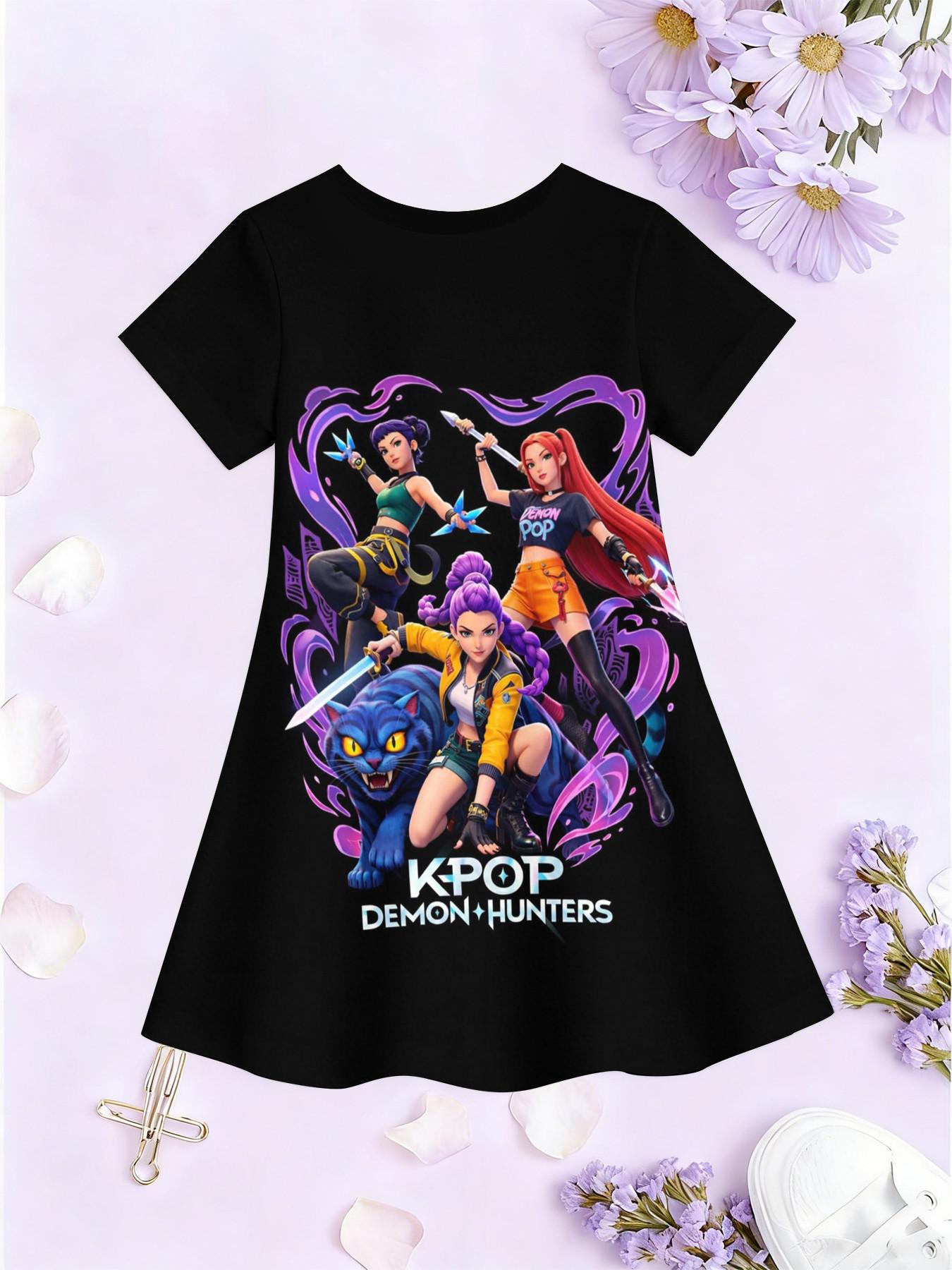 Girls' 3D Dress, Base K-Pop Demon Hunters Anime Full Print, Perfect for Parties, Festive Gifts, Birthday Presents