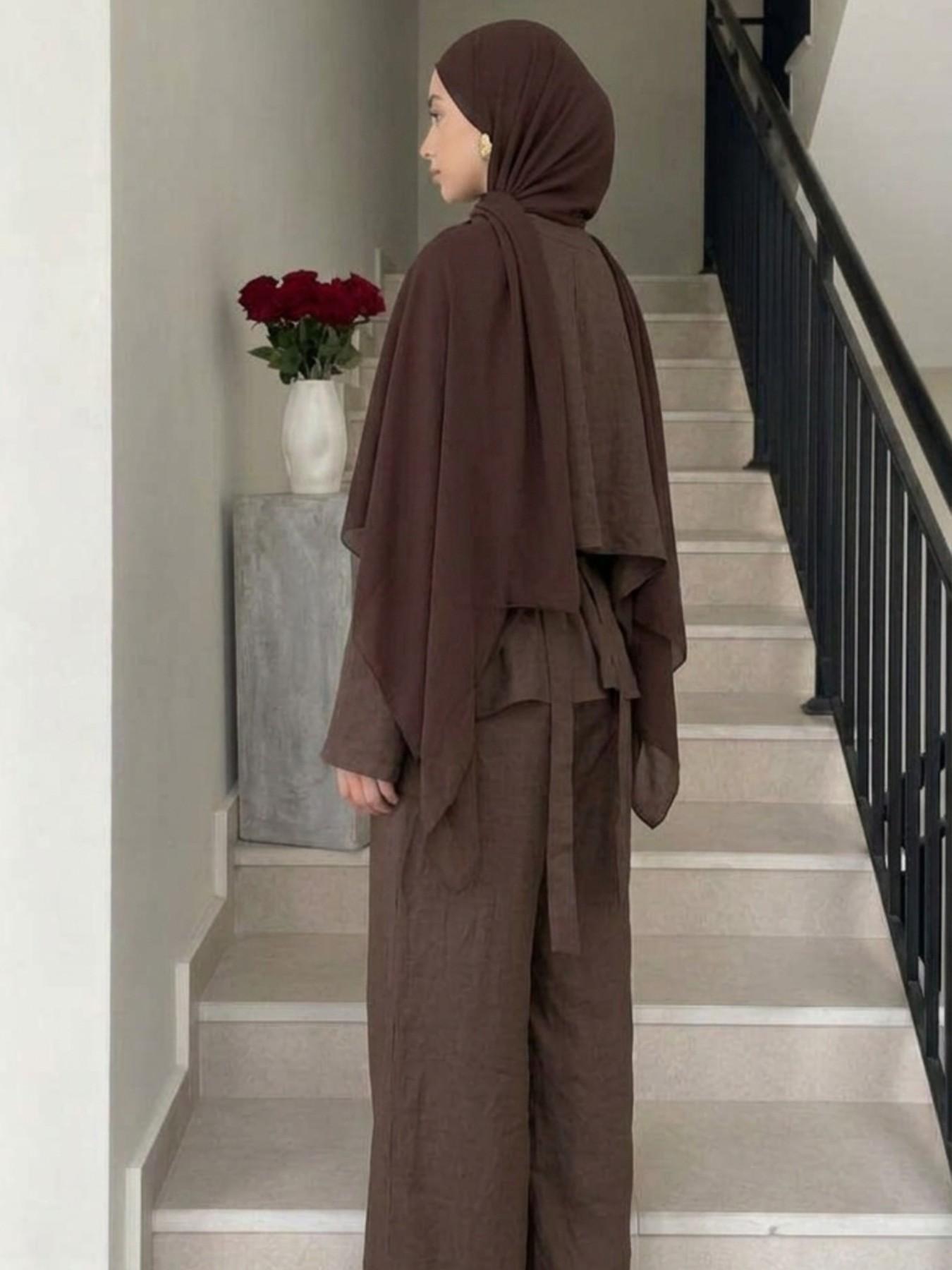 Three-Piece Modest Muslim Abaya Set with Detachable Shawl, Elegant Fashion Clothing for Home Parties Travel Casual Wear, Comfortable, Stylish and Modesty