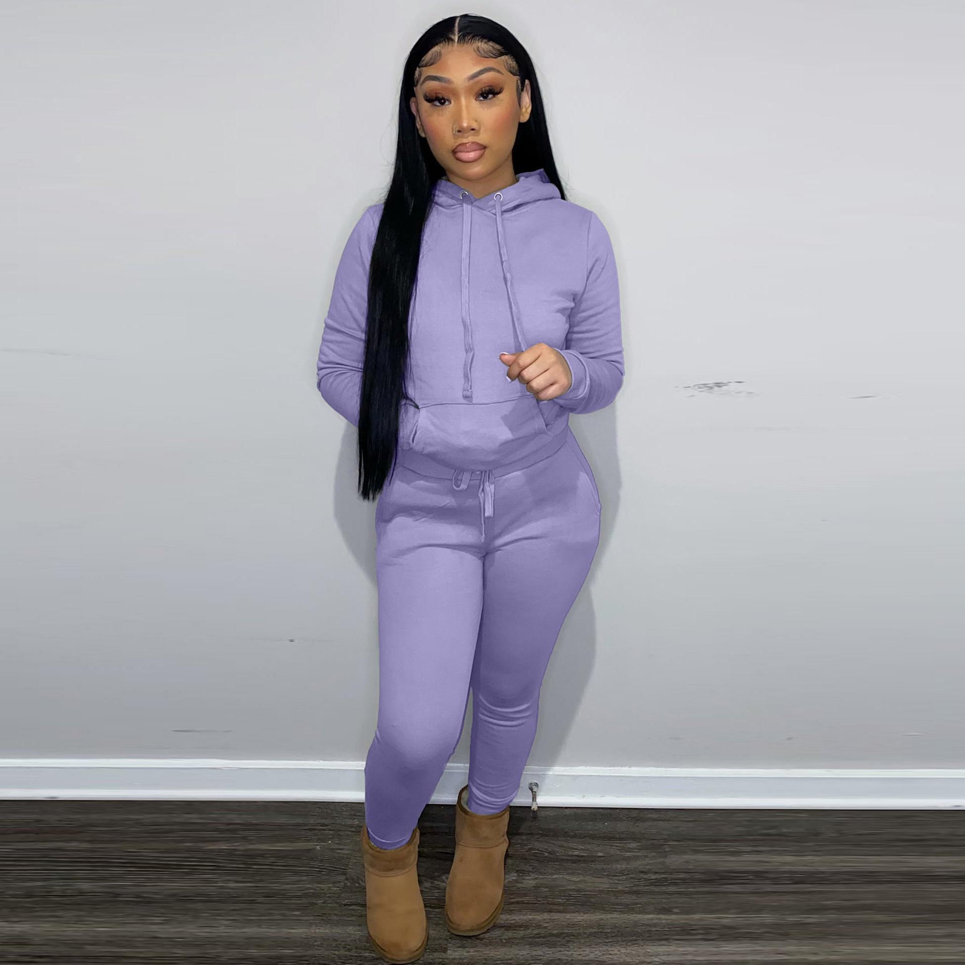 USBoutique Chic Women's Solid Drawstring Hoodie & Pocket Sweatpants Two-piece Set, Casual Long Sleeve Hooded Sweatshirt & Trousers for Fall, Womenswear Fall Clothes for Daily Wear, Downtown Girl Clothes, Girl with Blue Pants 2-piece woman