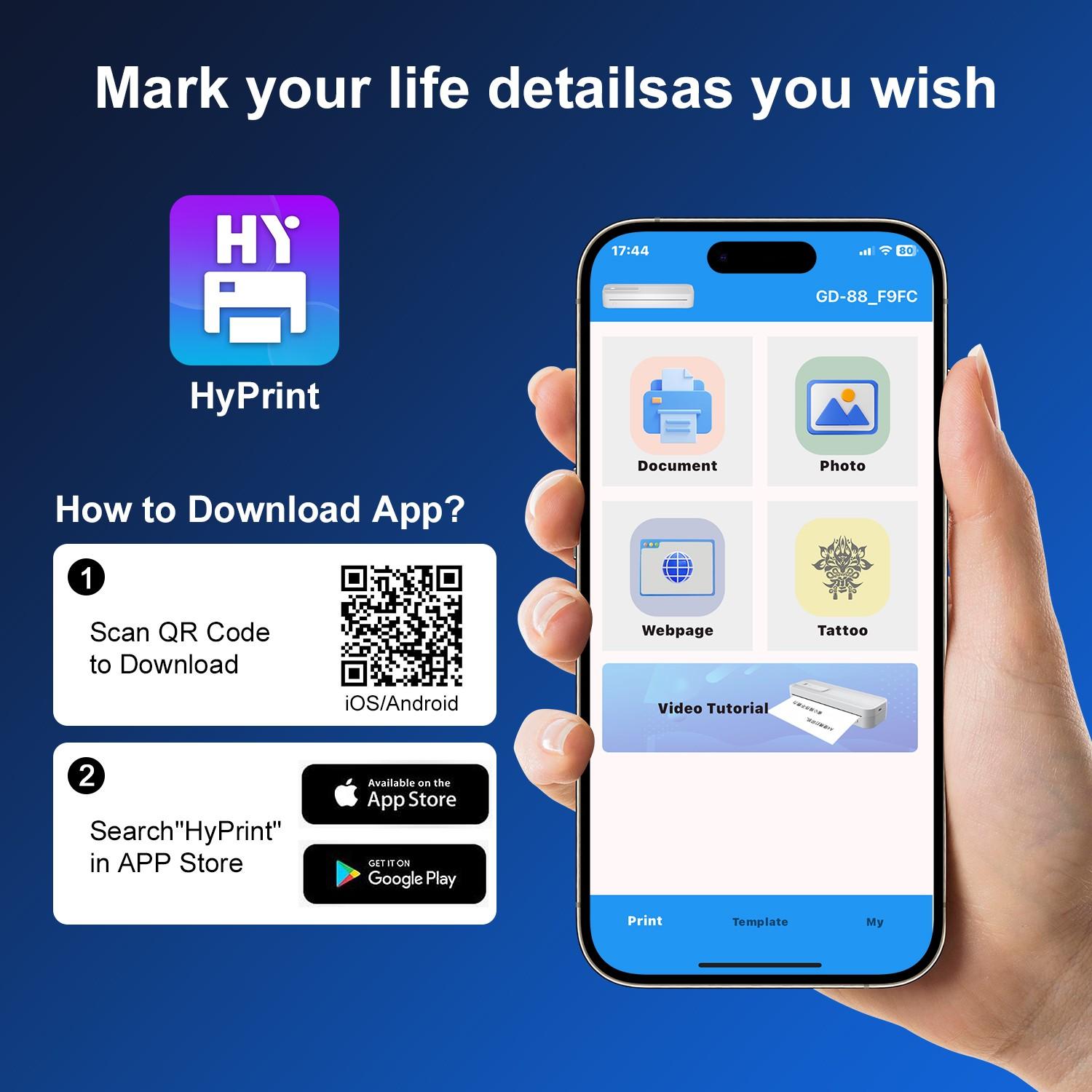 Hztz Mini Portable A4 Thermal Printer, Wireless Connection, Compatible with Android and iOS, Includes 10 Tattoo Papers, High-Quality Printing