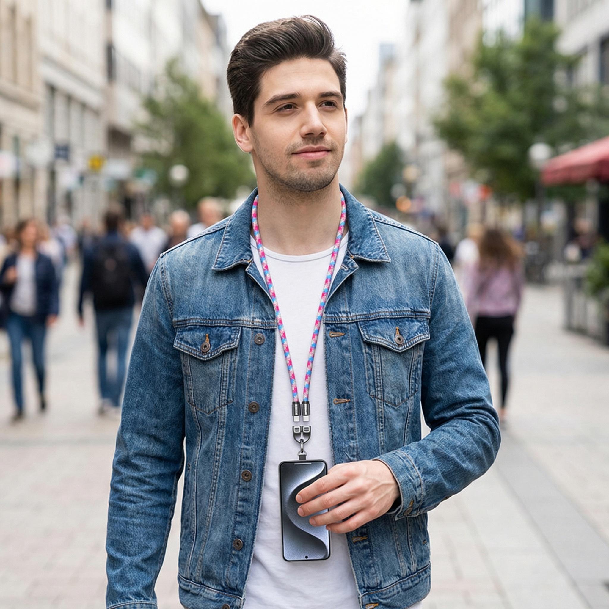 240W Fast Charging Cable 2-in-1 Lanyard Data Cable Braided Anti-Lost Strap for iPhone 15 16, Portable USB C Cord for Travel Commute Outdoor, High-Speed Data Sync Wearable Nylon Braided Charger