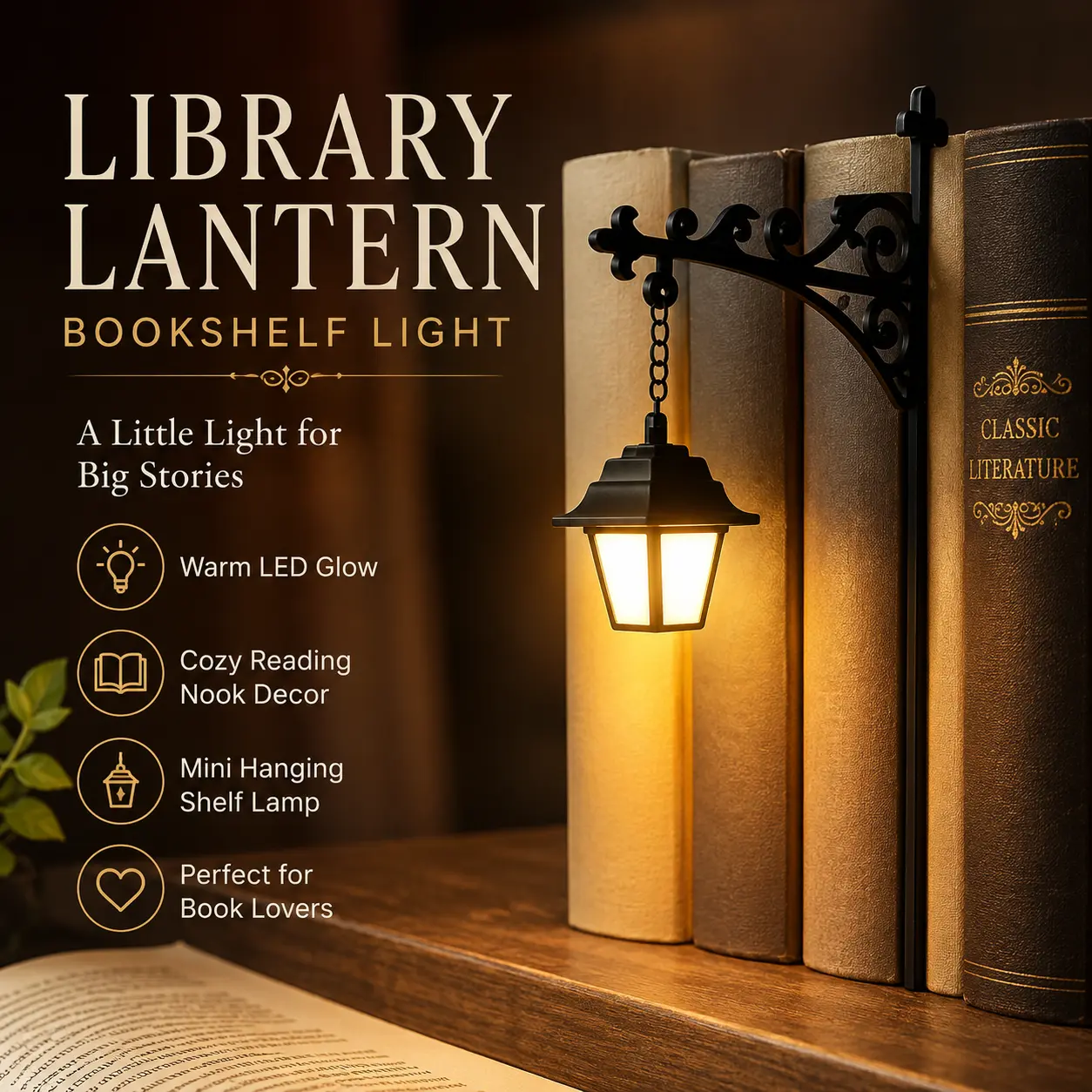 Library Lantern Decorative Bookshelf Light, Miniature Hanging Shelf Lamp with Warm LED Glow, Cozy Reading Nook Nightlight for Book Lovers, Literary Home Decor, Bedroom Study Accent Light and Halloween Shelf Decoration