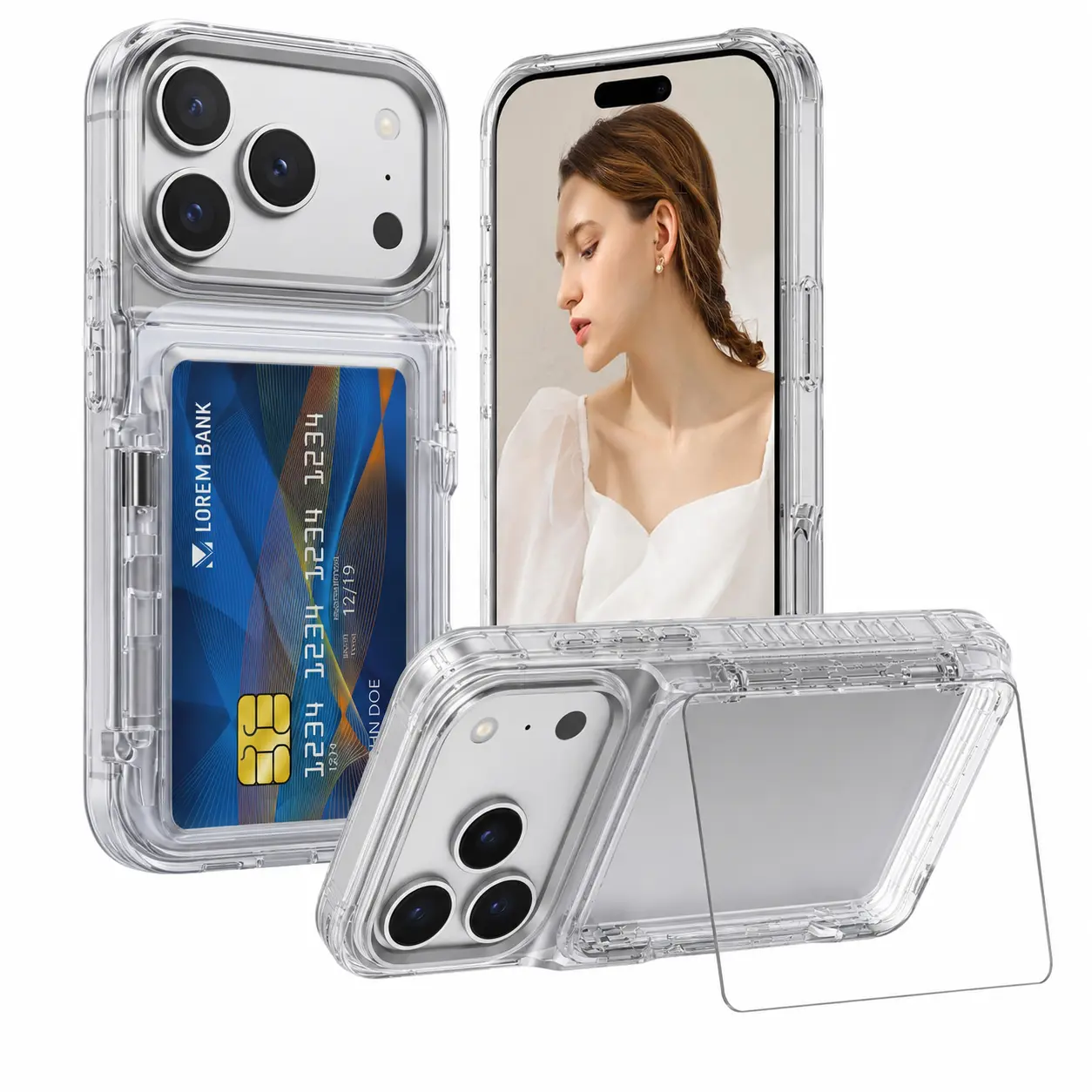 Transparent 3 In-1 Card Holder TPU Phone Case for iPhone 17 16 16 Plus 15 14 13 12 11 Pro Max Pro, Slim Soft Silicone, Shockproof Protection, DIY Photo Printing, Stylish Couple Smartphone Case