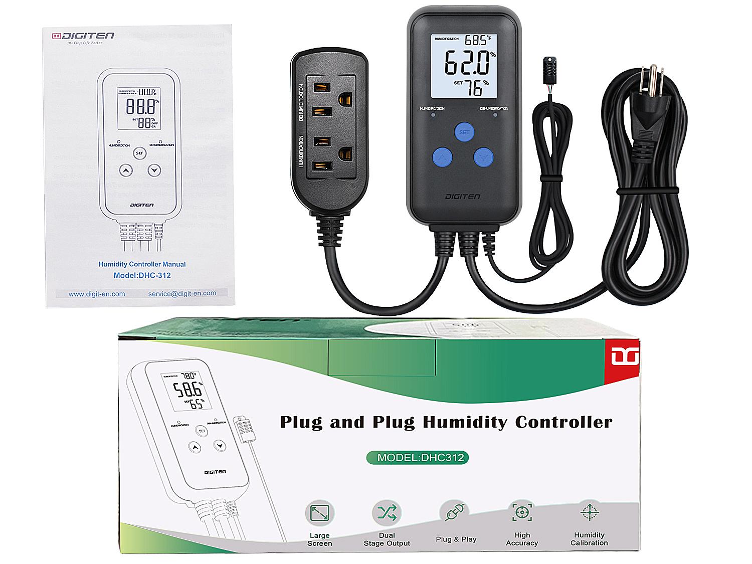DIGITEN DHC312 Digital Display Humidity Controller, Pre-wired Dual-Stage Outlet with Temperature Display, Humidifier and Dehumidifier Controller, Suitable for Grow Tents, Reptile Enclosures, Mushroom Rooms, and Fans