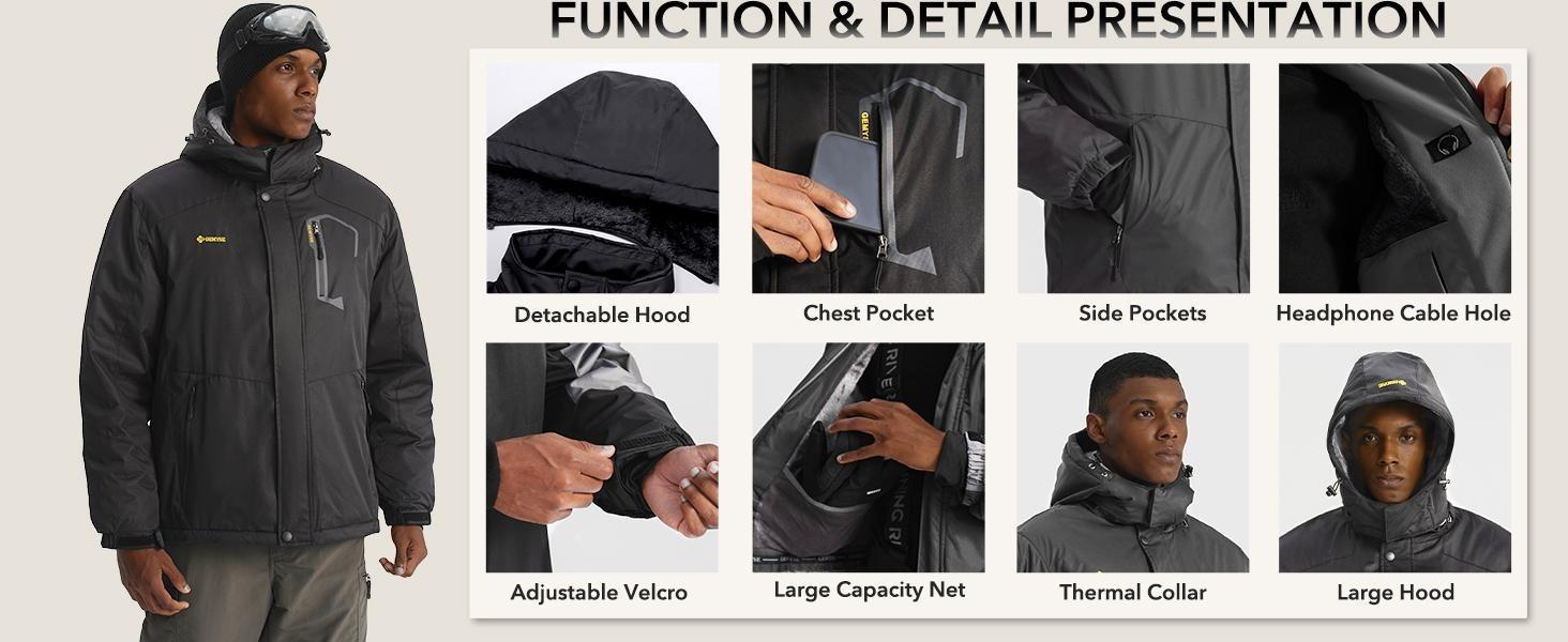 GEMYSE Men's Mountain Waterproof Ski Snow Jacket Winter Windproof Rain cold weather fleece lining Water Resistant solid