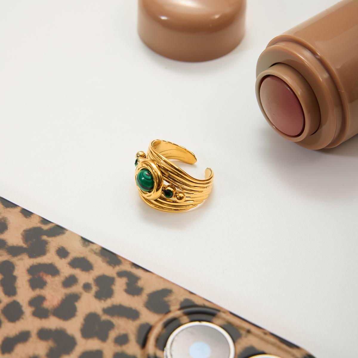 This Lady s Ring Set Can Be Stacked With Malachite Featuring Multiple Layers Of Hollowed Out Openings Adjustable Stainless Steel 18k Gold Plating Water Resistance Allergy Resistance And Retro Quality For Banquet Jewelry