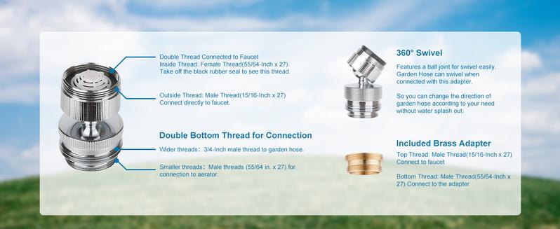 Hibbent Faucet Adapter Kit, Swivel Aerator Adapter to Connect Garden Hose - Multi-Thread Kitchen Sink Faucet Adapter, 3/4 Inch Garden Hose Adapter for Male to Male and Female to Male - Chrome Finished