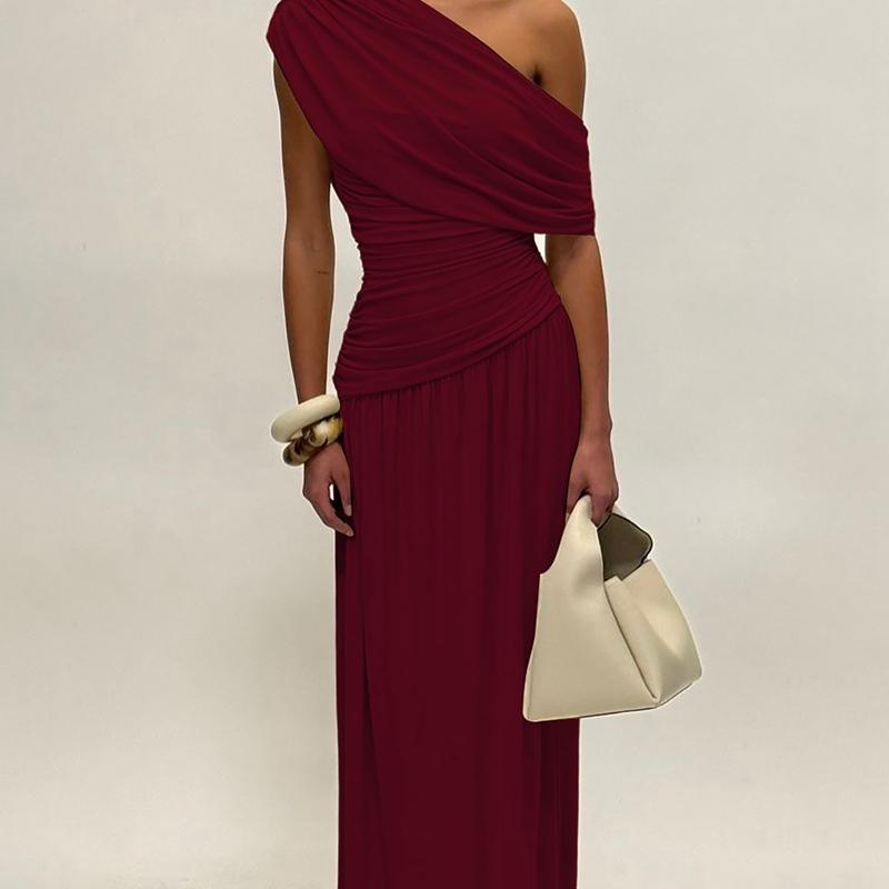 Women's Elegant Solid Irregular Neck Ruched Dress, Sexy One-Shoulder Backless Plain Slim Fit Maxi Dress, Formal Gown for Birthday Party & Date Evening, Summer Ladies Casual Long Dresses for Holiday & Daily Wear Womenswear Women's Elegant Solid Irregular Neck Ruched Dress, Sexy One-Shoulder Backless Plain Slim Fit Maxi Dress, Formal Gown for Birthday Party & Date Evening, Summer Ladies Casual Long Dresses for Holiday & Daily Wear Womenswear