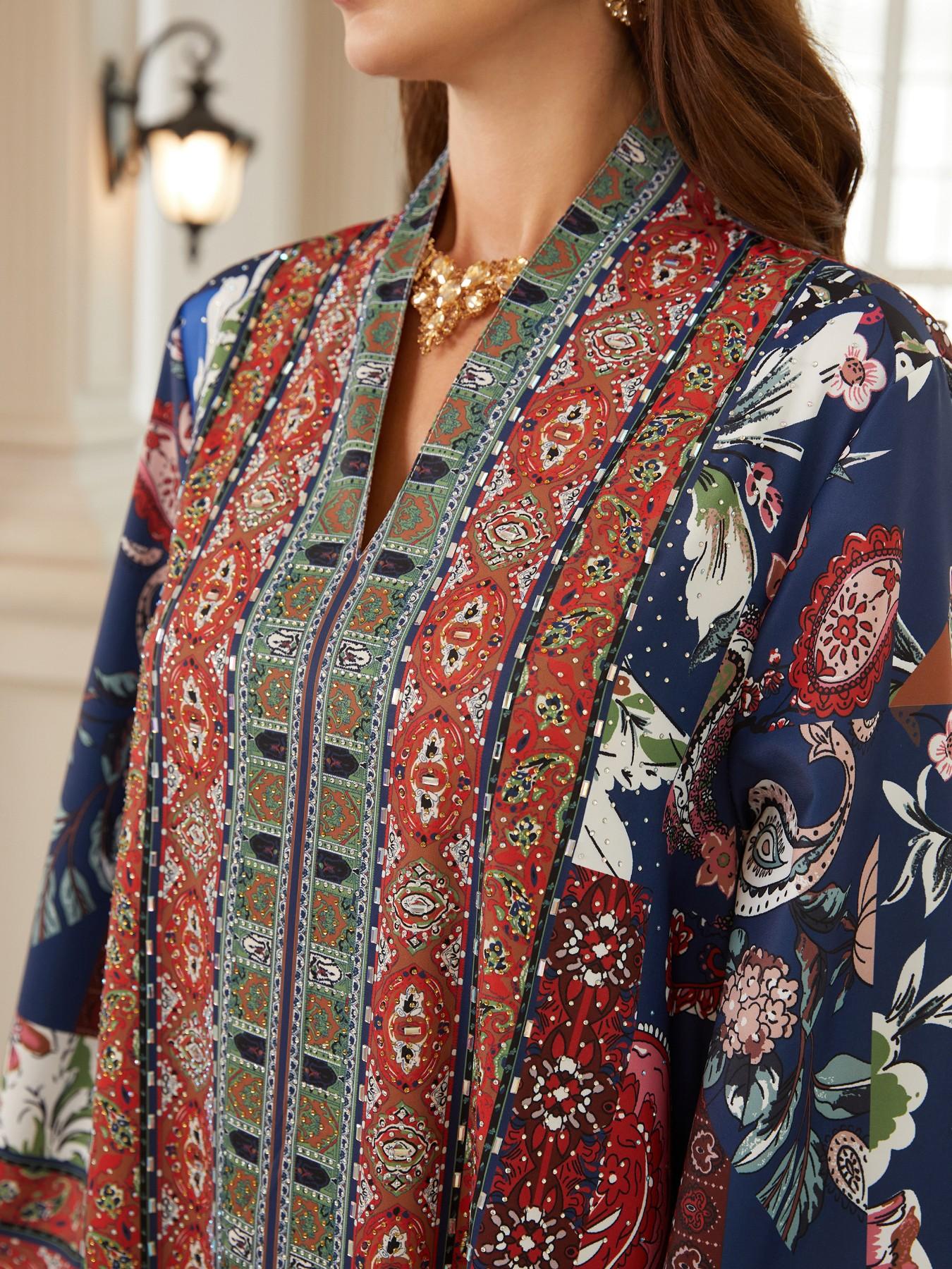 Women's Blue Printed Embellished Long Robe, Dubai Style Kaftan Evening Gown, Eid Al-Fitr Festival Dress, Abaya with Full Rhinestones