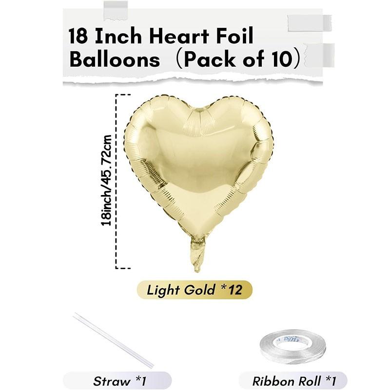 Golden heart-shaped balloon, 18 inch 12 piece set, gold foil heart-shaped balloon with 2 accessories, suitable for birthday parties, weddings, baby parties