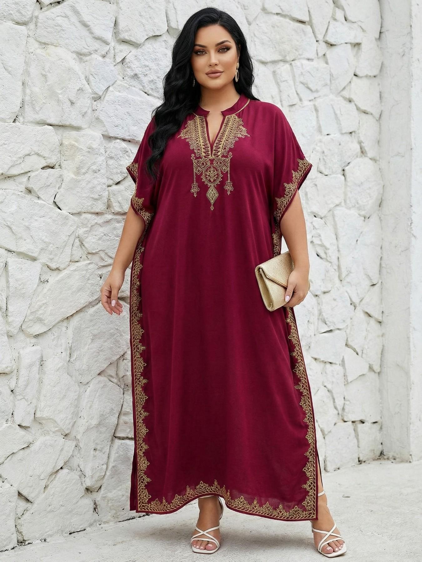 2026Plus Size Ethnic Pattern Embroidered Split Kaftan Dress, Boho Notched Neck Batwing Sleeve Long Dress, Summer Clothing, Women'S Summer Clothes, Modest Clothing Caftan Robe, Muslim Women Gowns, Modesty Muslim Clothing..