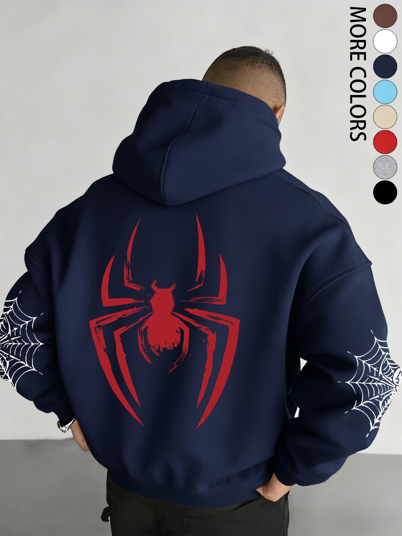 Men's Fall/Winter Spider-Print Hooded Sweatshirt with Drawstring and Kangaroo Pocket, Casual Street Fashion Hoodie, Casual Streetwear Hoodie, Comfortable Fabric, Fitted Graphic Sweatshirts