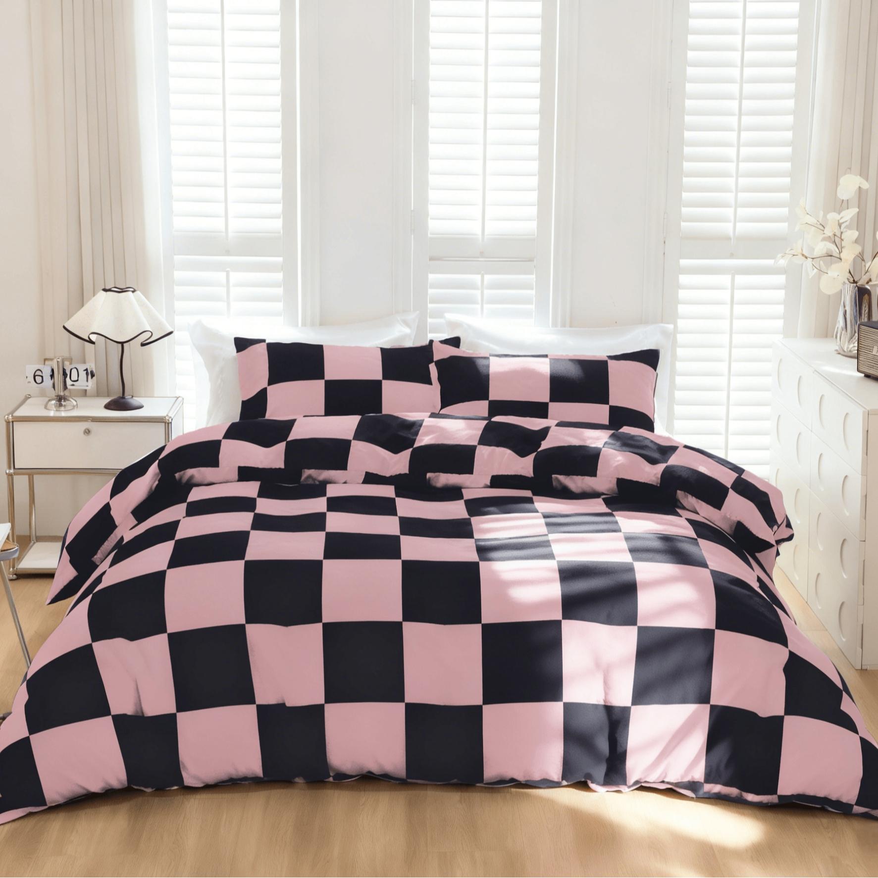 3-Piece Pink & Grey Checkerboard Geometric Digital Print Duvet Cover Set, Includes 1 Duvet Cover and 2 Pillowcases (Without Insert), Soft & Breathable Fabric, Ideal Gift, Ensures Comfortable Sleep.