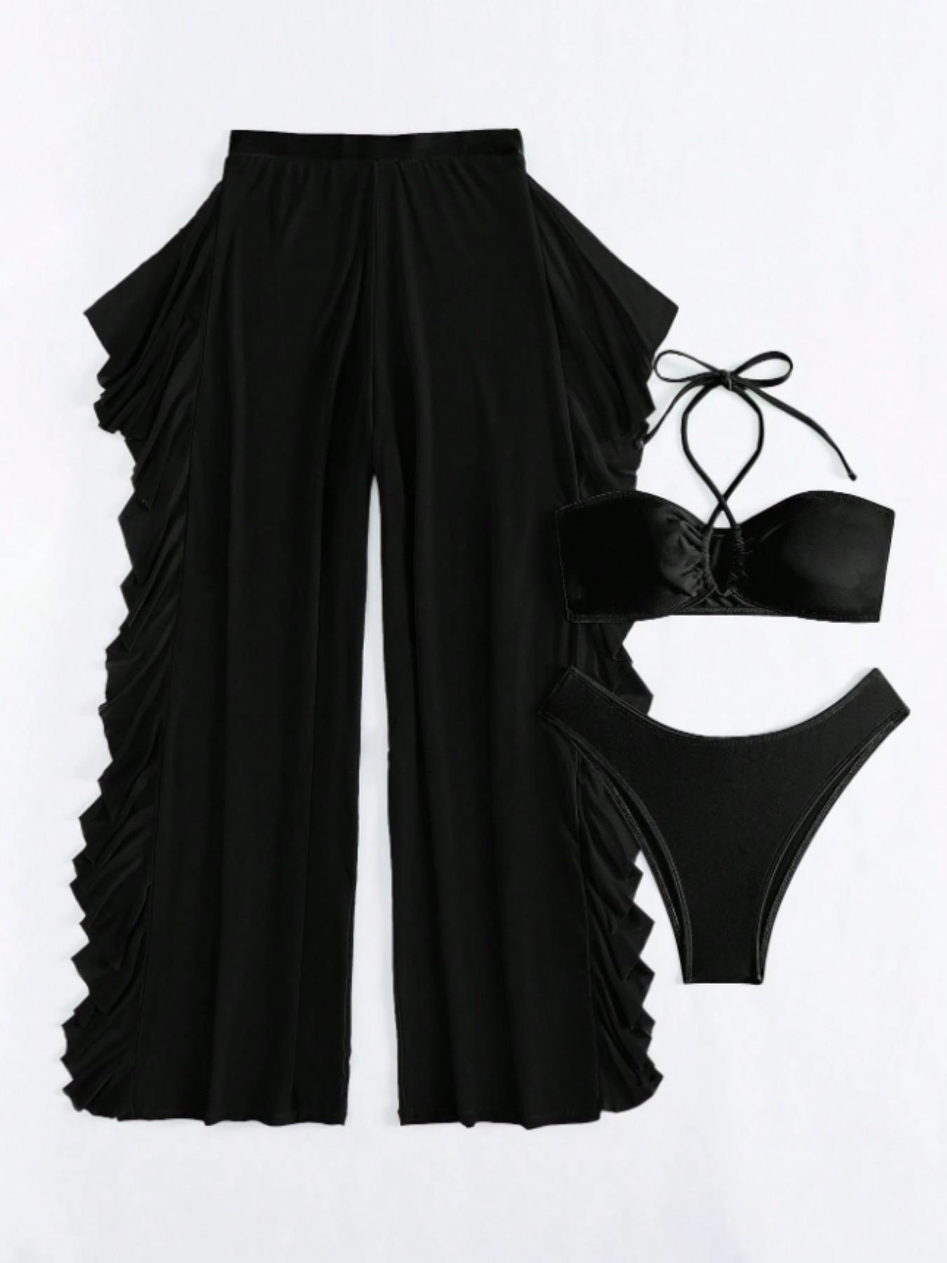 Women's 3pcs Criss Cross Cut Out Halter Tie Back Bikini Top & Thong & Sheer Ruffle Trim Pants Swimsuit Set, Sleeveless Swimwear Set for Summer, Ladies Swimsuit for Beach Holiday Vacation, Halter Bikini Sets