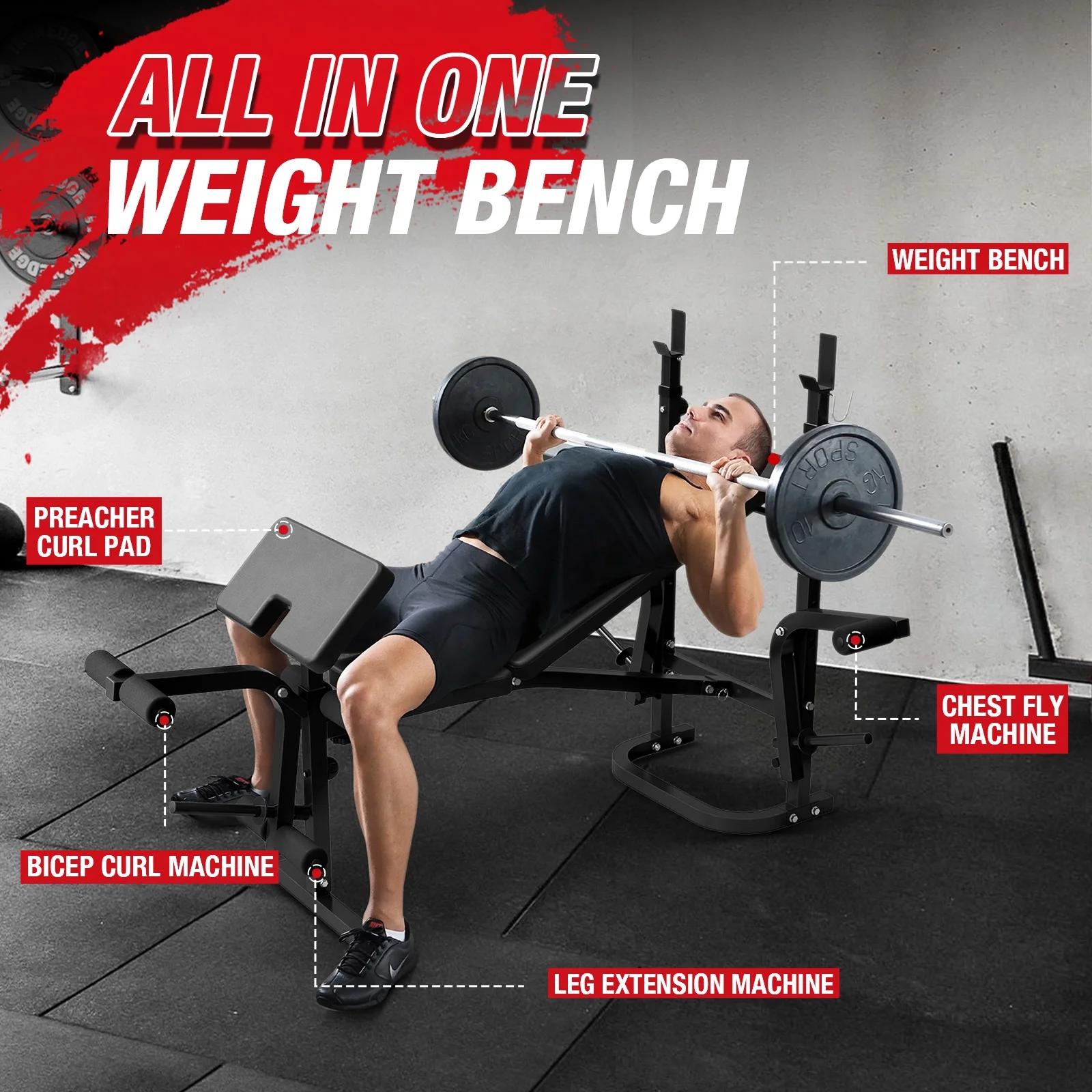 8 in 1 Olympic Weight Bench Set with Leg Extension and Leg Curl, Multi-Function Bench Press Set with Preacher Curl Pad and Chest Fly, Full-Body Strength Training Equipment Workout Station Workout Machine