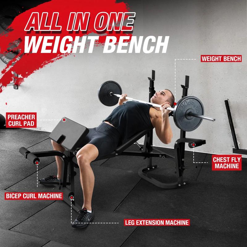 8 in 1 Olympic Weight Bench Set with Leg Extension and Leg Curl, Multi-Function Bench Press Set with Preacher Curl Pad and Chest Fly, Full-Body Strength Training Equipment Workout Station Workout Machine