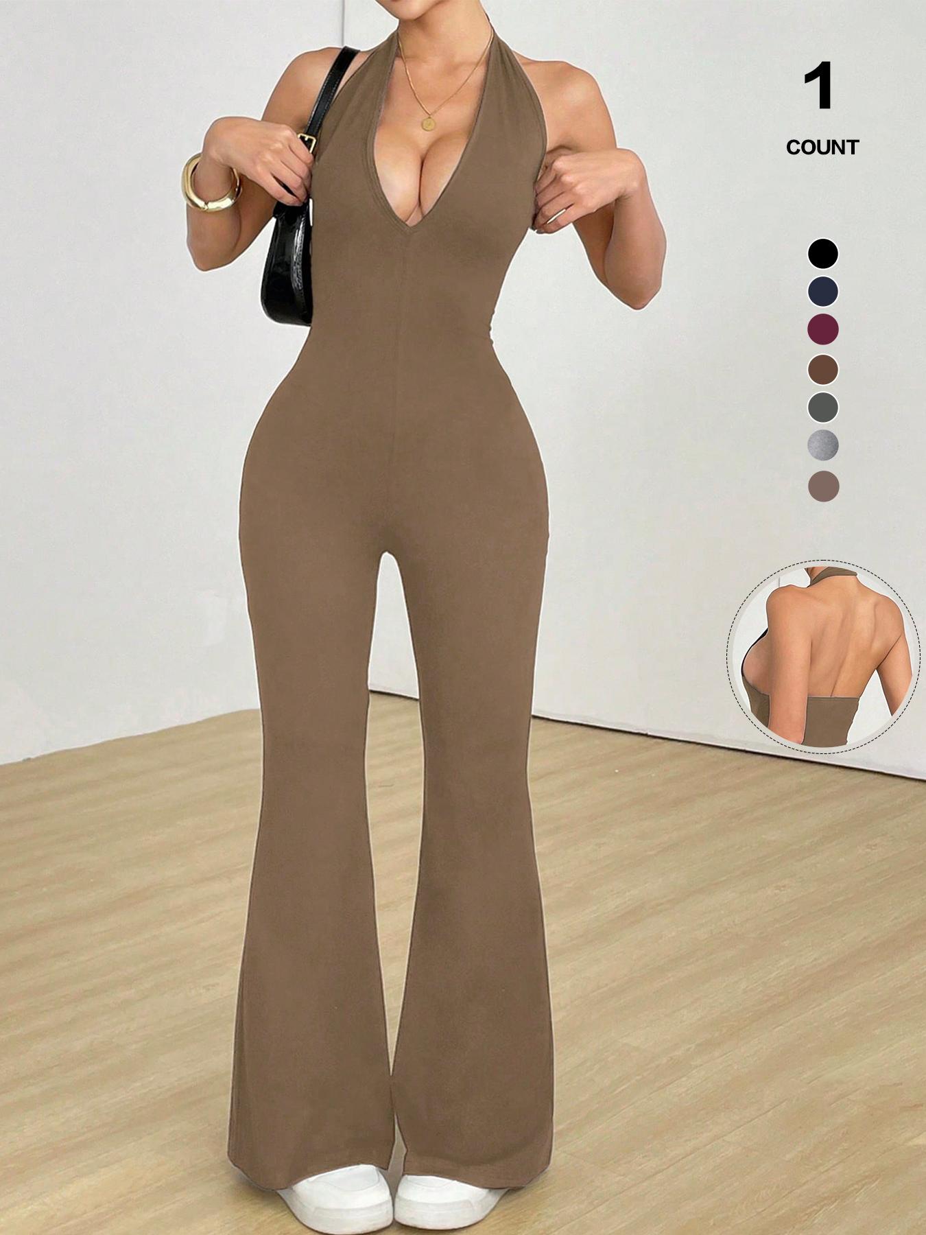 Women's Halter Neck Deep V-Neck Jumpsuit Sleeveless Ribbed Bodycon Flared Pants One Piece Romper Clubwear 2026