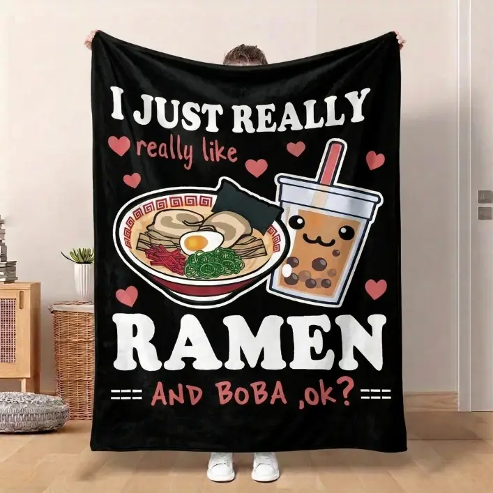 1pc Preppy Style Ramen & Boba Print Anti-Pilling Flannel Blanket - Super Soft, Tear Resistant, All Seasons Multipurpose Knit Throw, 1pc Home General Use Blanket for Ramen Boba Love Enthusiasts