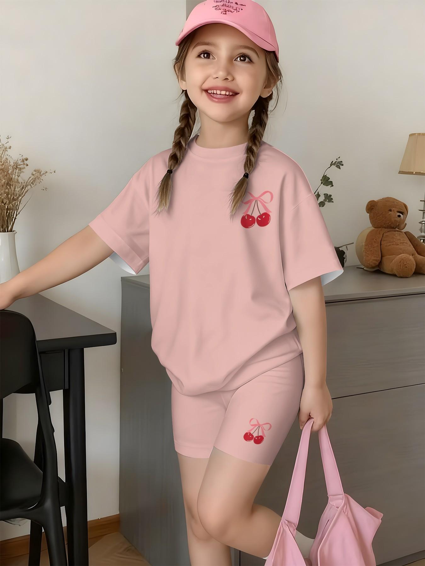 Girls' Cartoon Print Short Sleeve T-Shirt and Pants Set, Casual Streetwear, Comfortable Daily Wear, Perfect Gift for Kids, Outdoor Fashion
