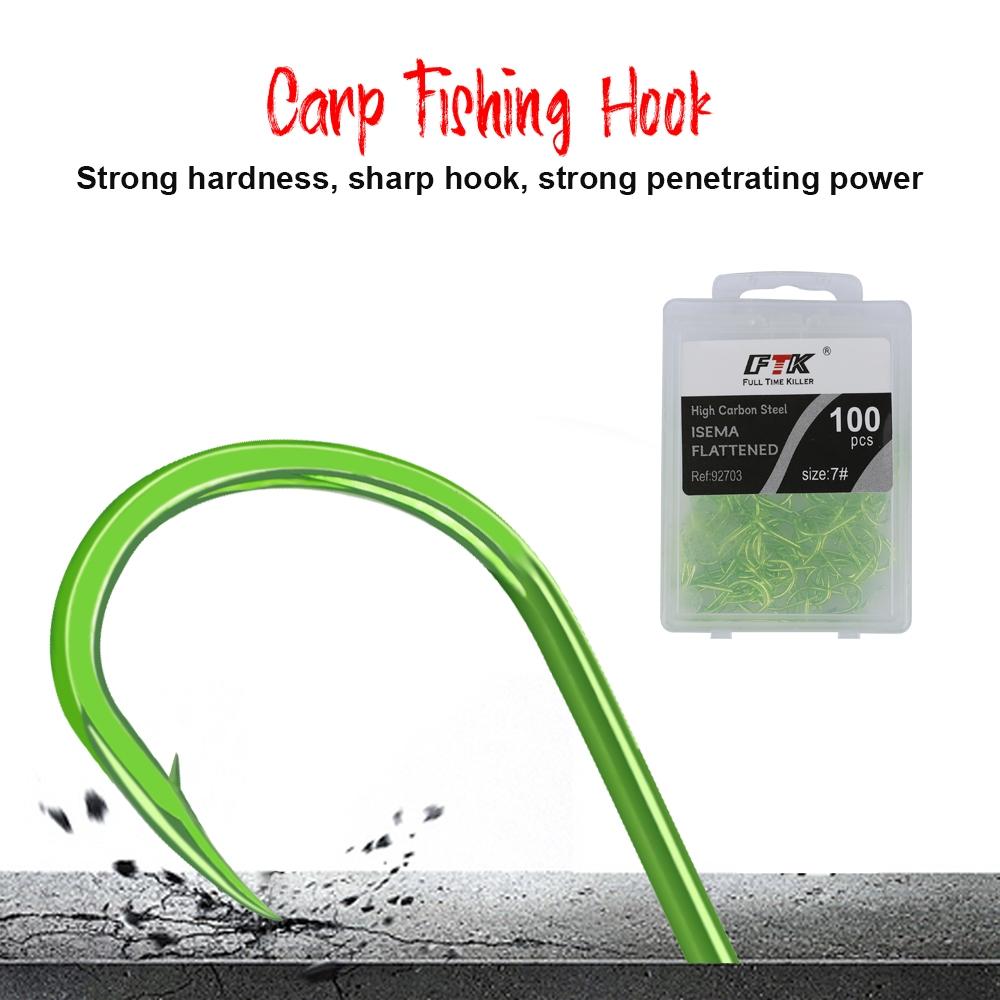 FTK Ise-Ni Fishing Hooks, Fluorescent Green, Flattened, 100pcs Stainless Steel, High-Carbon Steel, Barbed