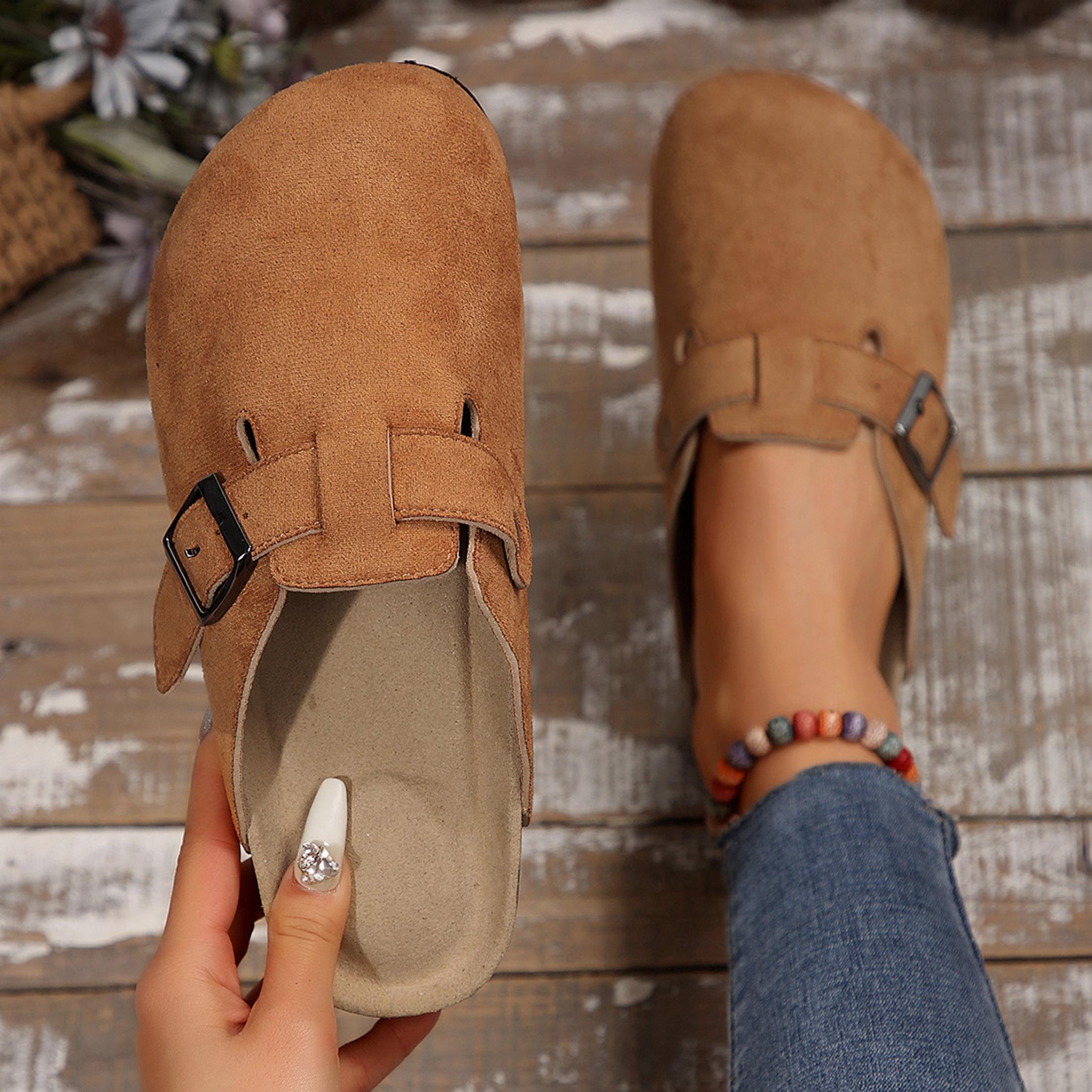 Womens Clogs Slip-on Potato Shoes Leather Mules with Suede Cork Footbed