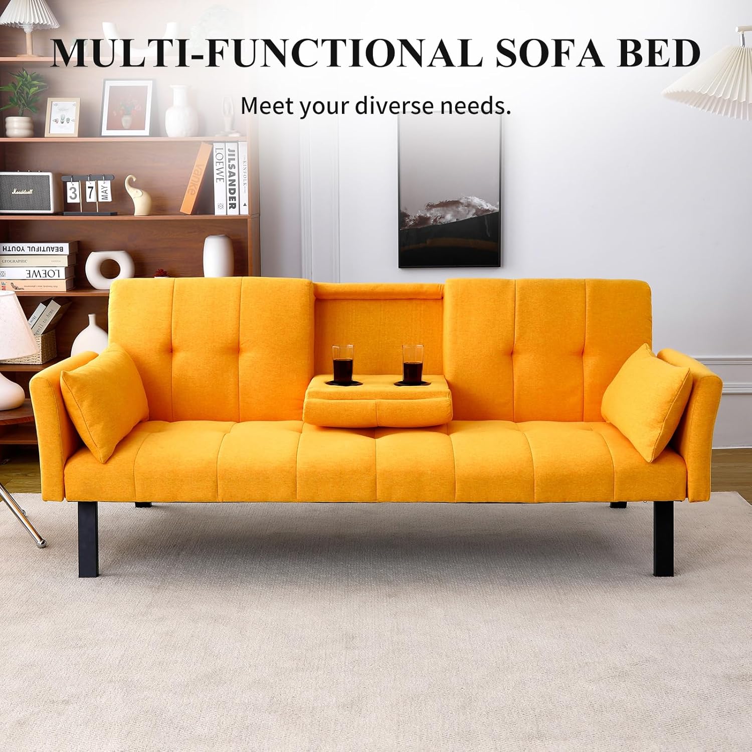 3 in 1 Futon Sofa Bed, Linen Fabric Couch Bed with Side Pocket, Convertible Sleeper Sofa with Dual Cup Holders & 2 Pillows, Adjustable Recliner Sofa for Living Room (Yellow)