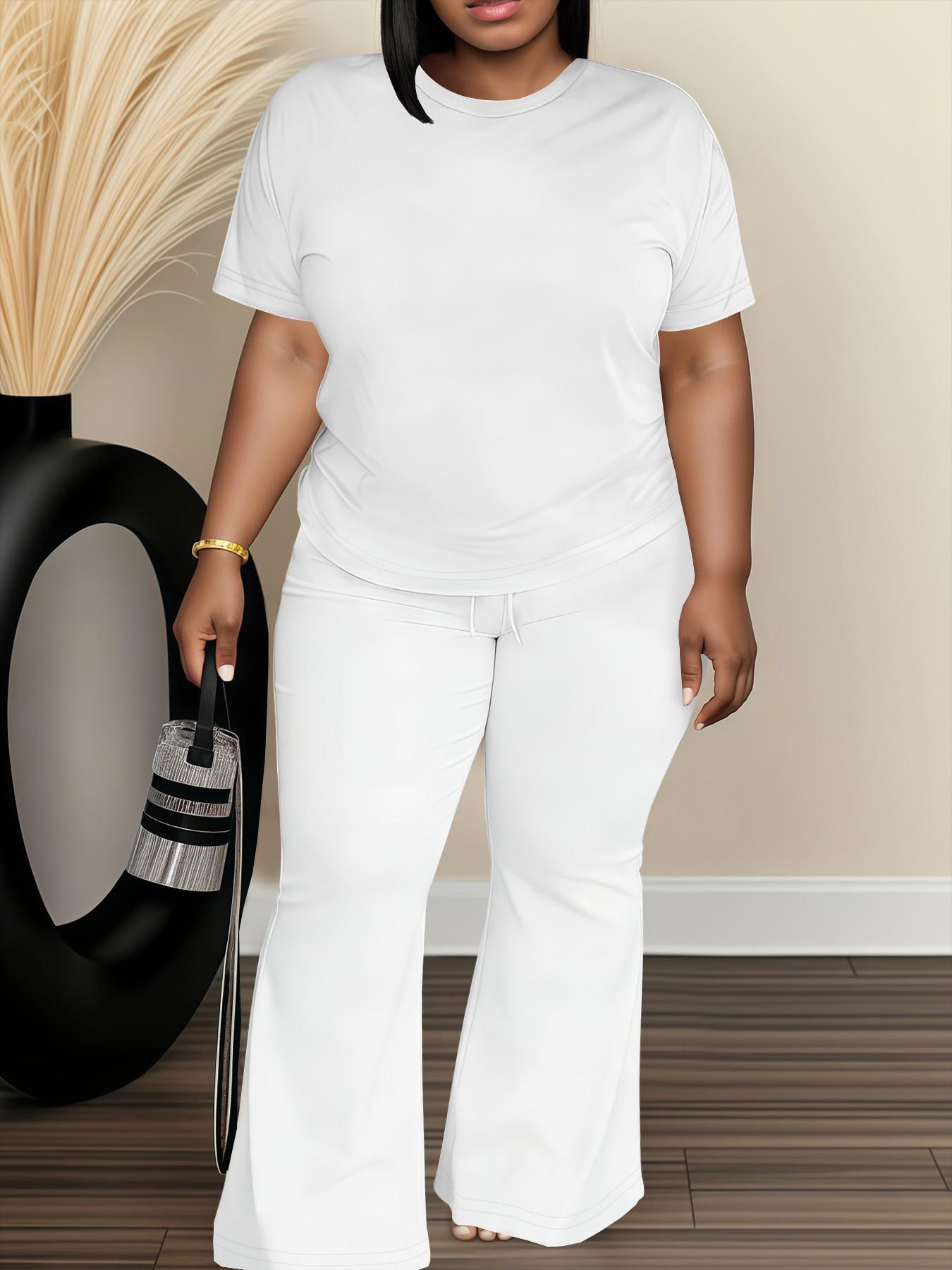 Women's Fashionable Big Size Casual Round Neck Short Sleeve Top & Loose Fit Straight Pants Set, Spring & Fall Comfortable Plain Design Women's Fashionable Big Size Casual Round Neck Short Sleeve Top & Loose Fit Straight Pants Set, Spring & Fall Comfortable Plain Design