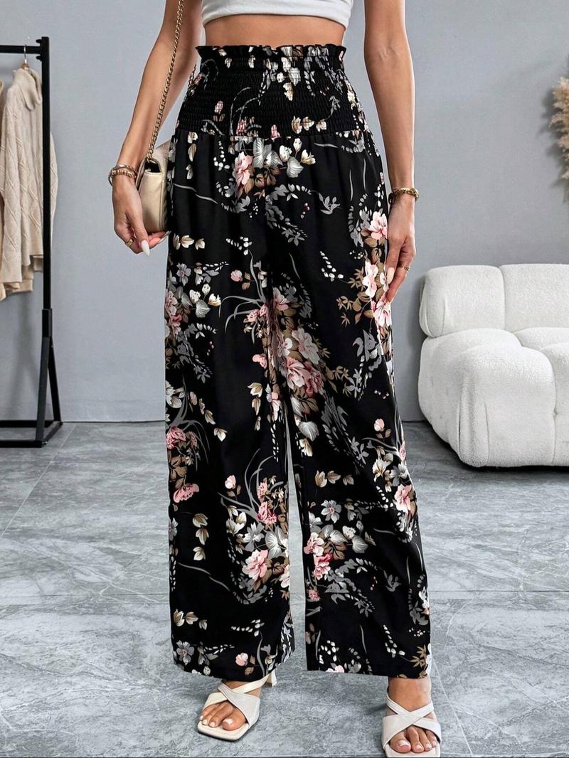 Women's Floral Print Pants, Boho Casual Comfy Loose Wideleg Trousers for Holiday Vacation Daily Wear, Women Bottoms for Summer, Vibrant Pants Women, Loose Legged Pants, Slouchy Palazzo Pants, Flowy Wide Leg