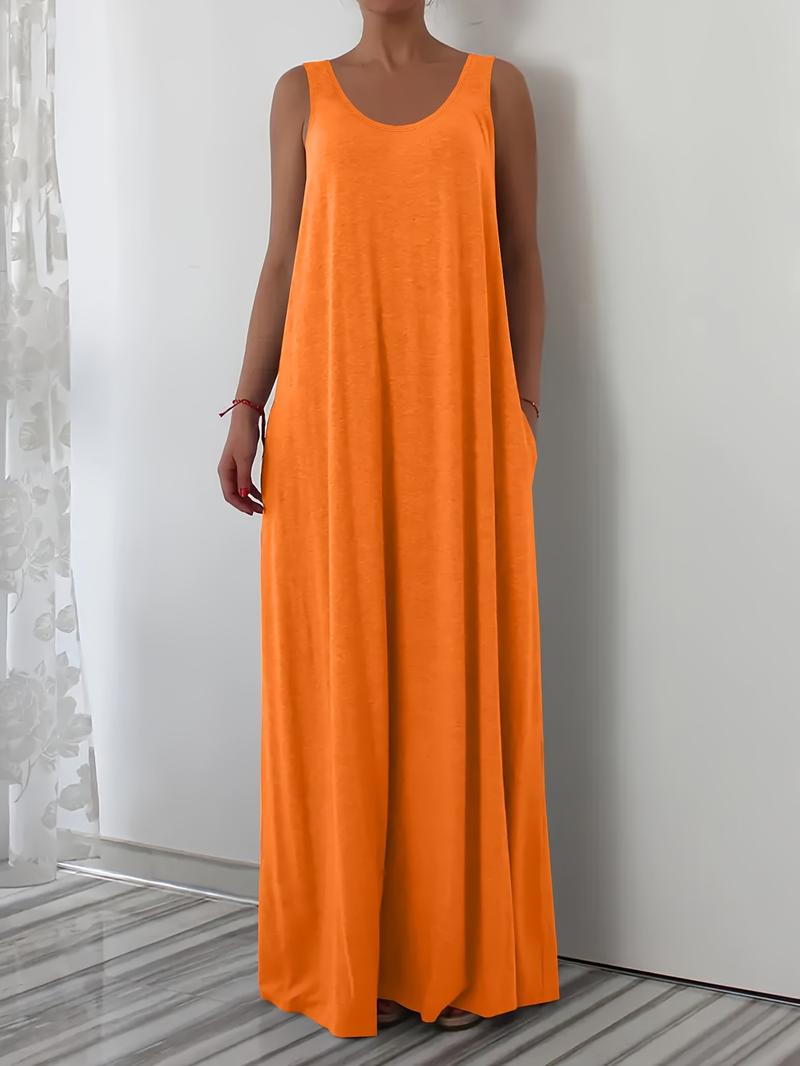 Elegant Plus Size Women's Sleeveless Round Neck Plain Vest Dress, Casual Home Wear, Comfortable Fit, Multiple Colors Available