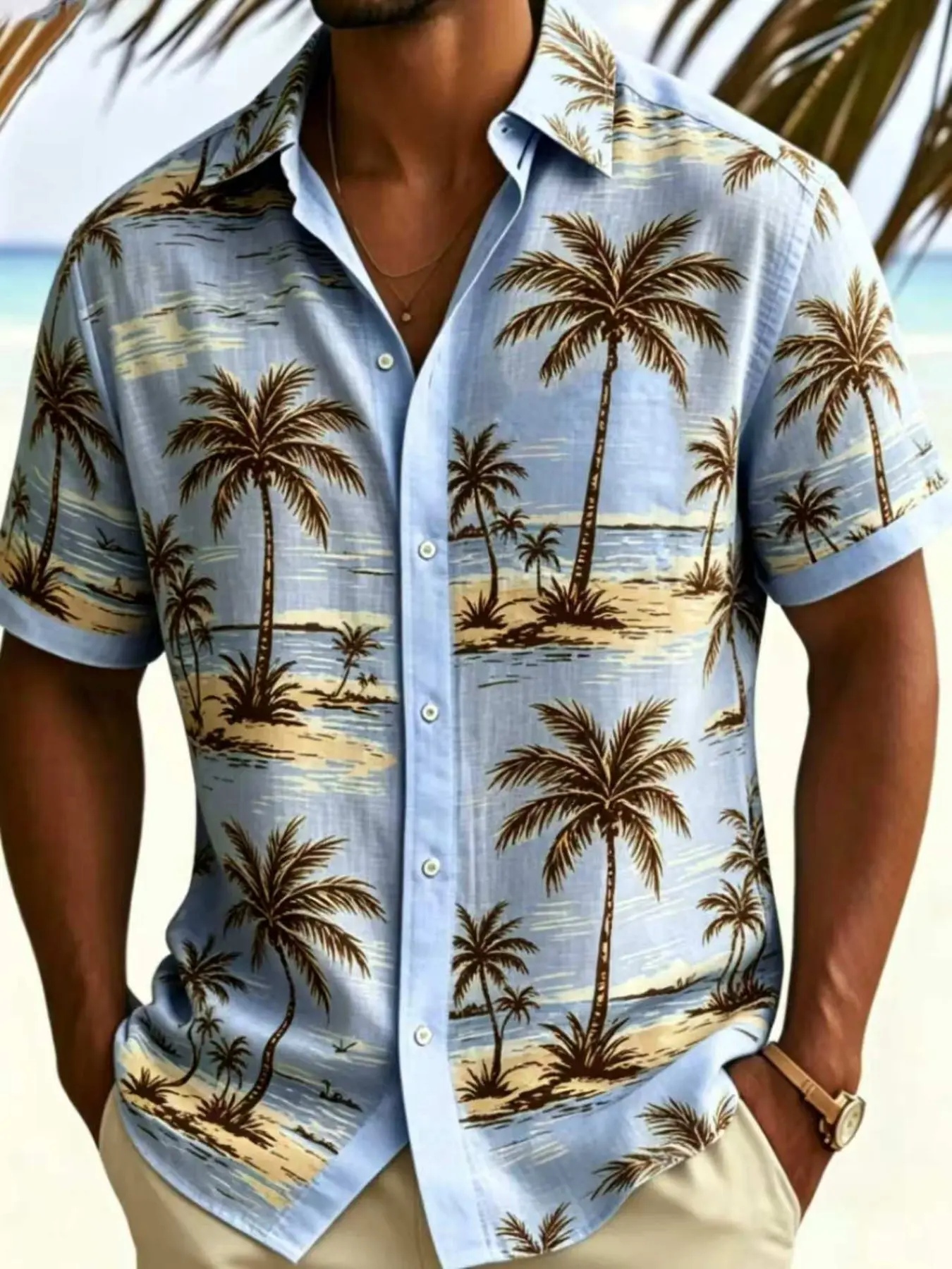Men's Summer Holiday Stylish Casual Outings Shirt, Gradient Palm Tree Print, Short Sleeve, Slim Fit, Lightweight, Pocket Design, Tropical Style