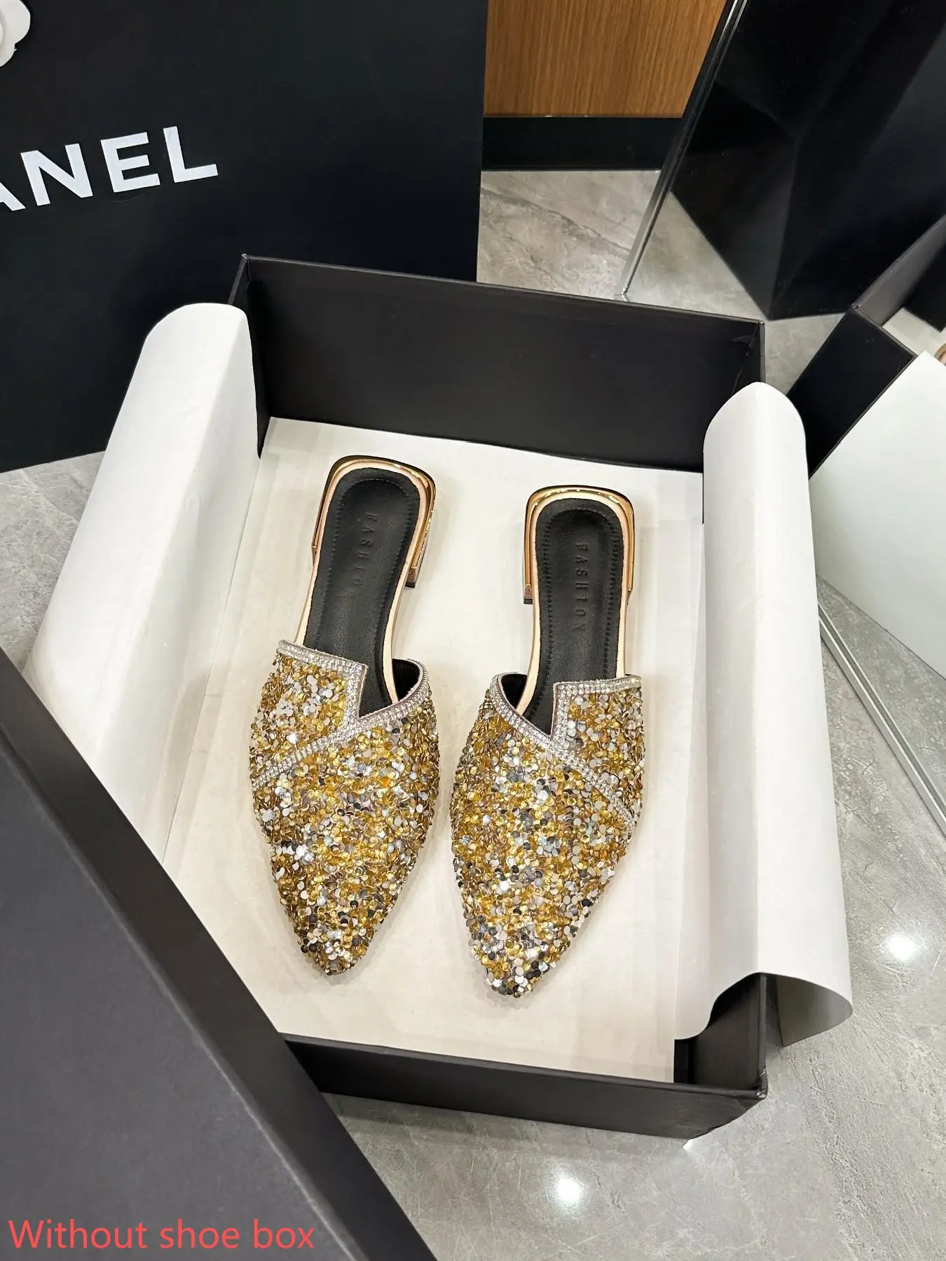 Luxury Rhinestone Pointed Toe Slippers, Elegant Water Drizzle Trim Low Heel, Casual Party Commute Slip-On Sandals, Comfortable Lazy Footwear