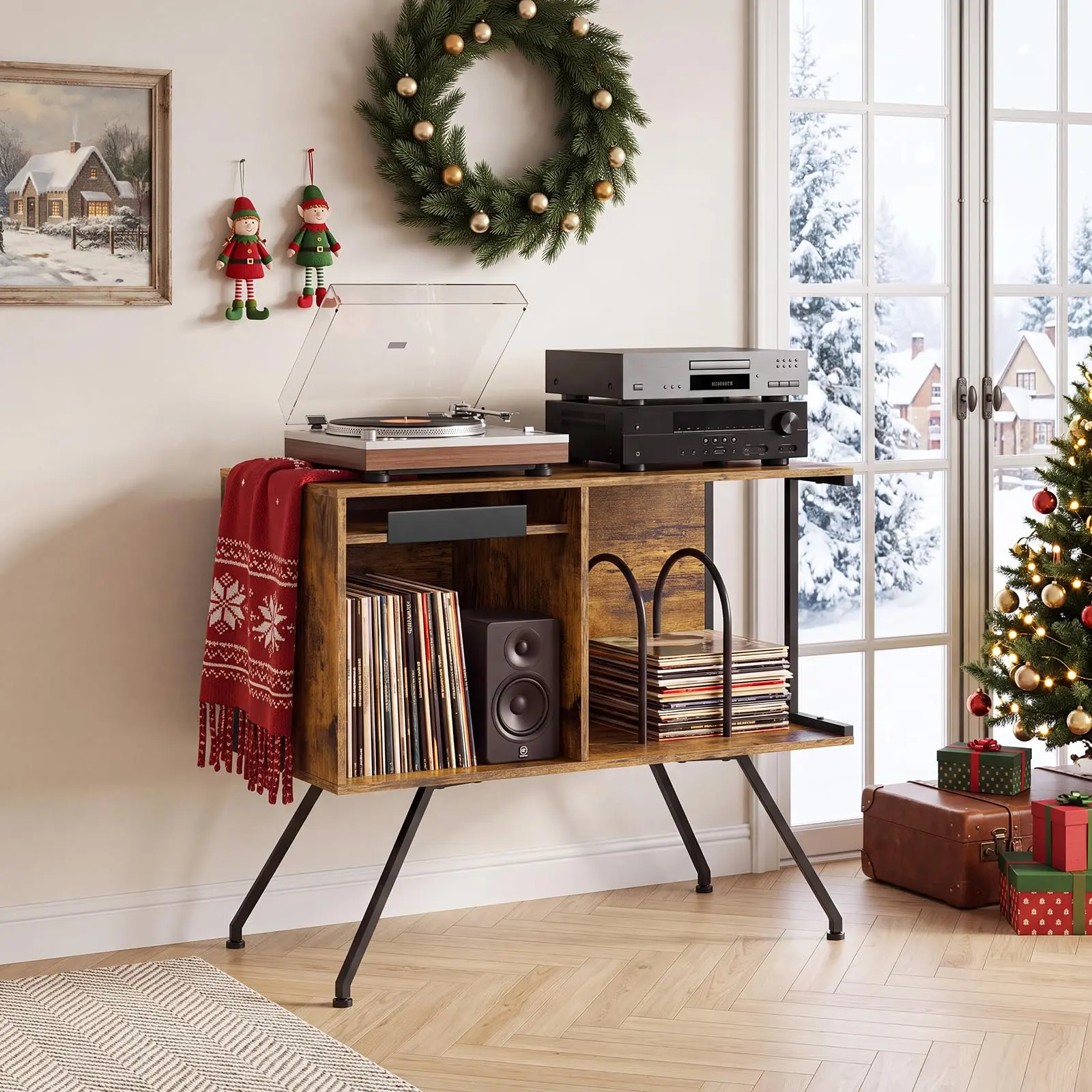 31.5in Record Player Stand with Storage, Flip Top Turntable Stand Holds up to 160+ Albums, Vinyl Record Table with U-Shaped Dividers for Living Room Bedroom