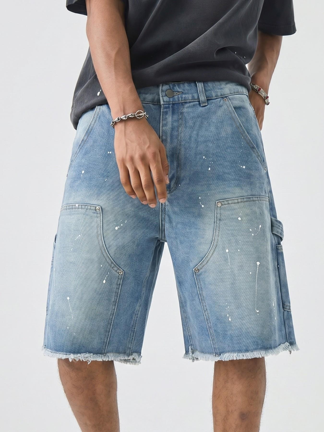 Men's Summer Washed Ink Splatter Distressed Ripped Denim Jeans Shorts, Casual Loose-Fit Straight-Leg Hip Hop Streetwear Shorts with Pockets
