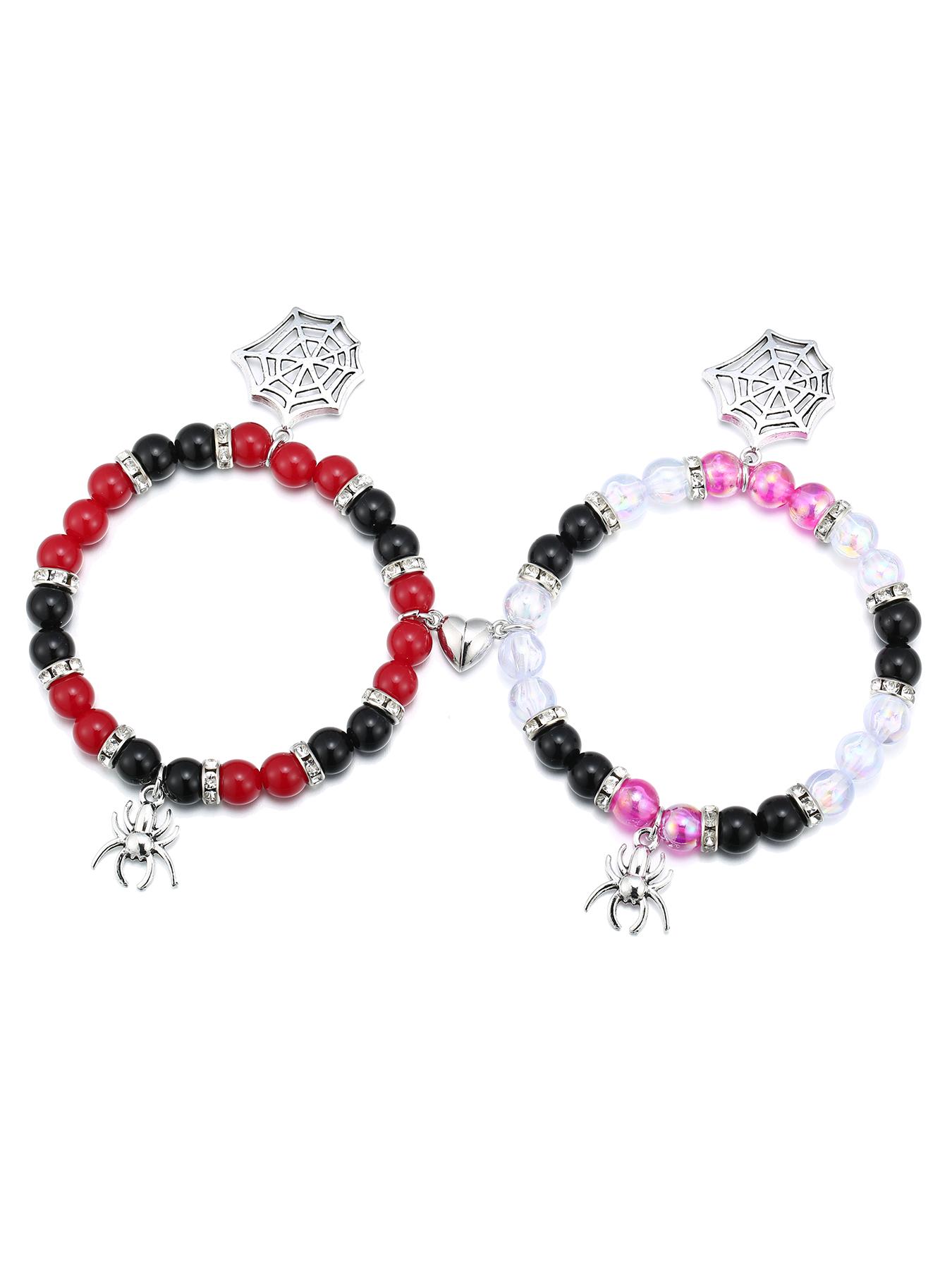 Fashion Spider & Net Design Charm Beaded Bracelet, Casual Simple Half Magnetic Heart Charm Jewelry for Party, Daily Clothing Decor Adjustable Beaded Design