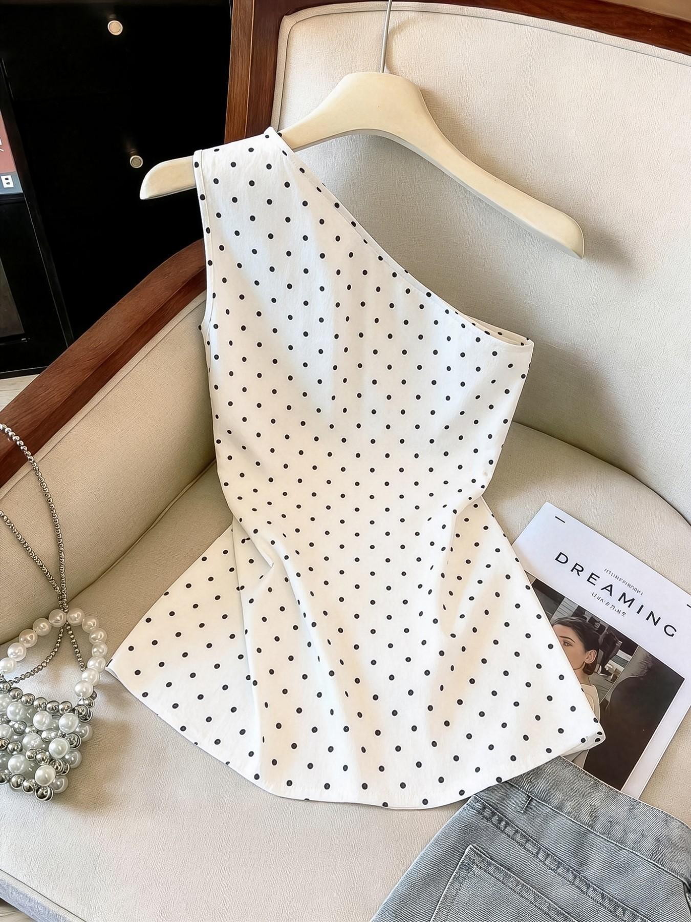 Plus Size Women's Sleeveless Polka Dot Off-Shoulder Casual Tank Top, Vintage Style, Loose Fit, Perfect for Daily Wear, Dates, Parties