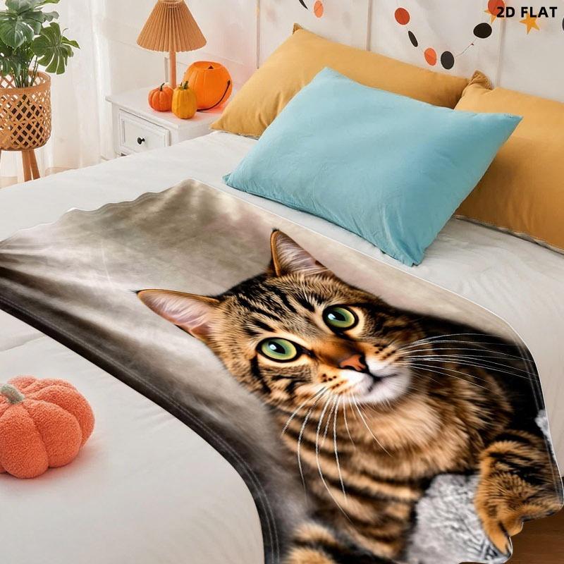 Cozy Gray Textured Throw Blanket, Single - Sided Printed, Multiple Specifications Available, Perfect for Napping & Lounge, Featuring a Tabby Cat Design, Soft & Warm Fabric for Comfortable Relaxation