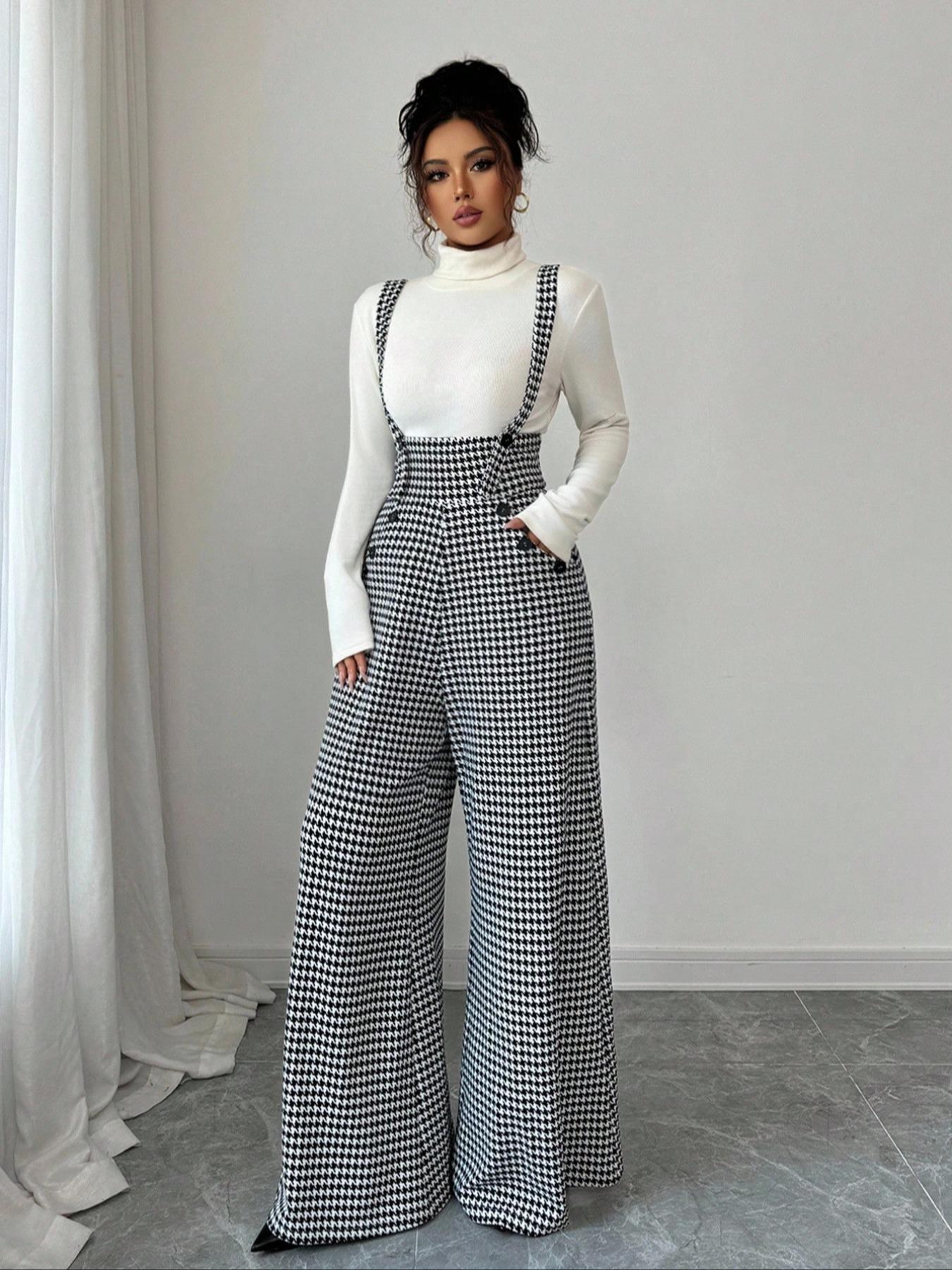 Women's Knitted Plaid Print Houndstooth Wide Leg Pants, Front Pocket Button Design, Fashionable Elegant Daily Commuter Overalls, Fall Winter