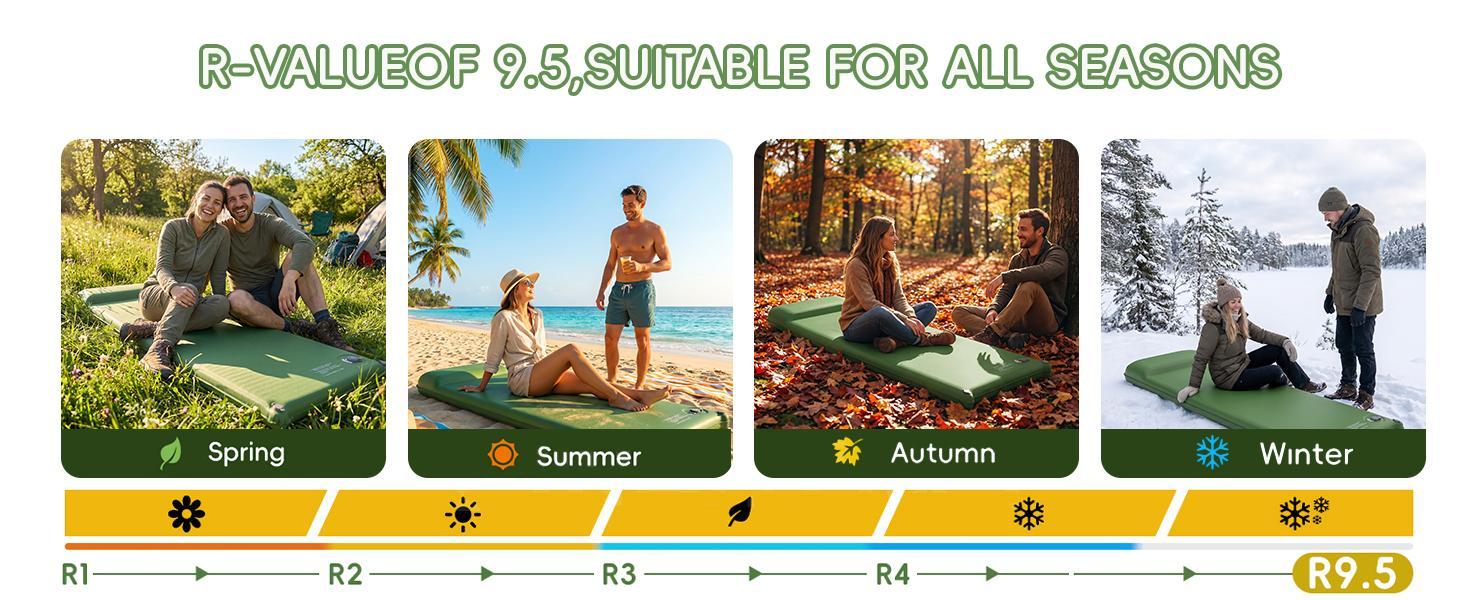 Memory Foam Camping Sleeping Pad with Pillow - 9.5 R-Value Insulated, Quiet, Foldable Portable Self-Inflating Mattress for Backpacking, Car Travel, R-Value 9.5