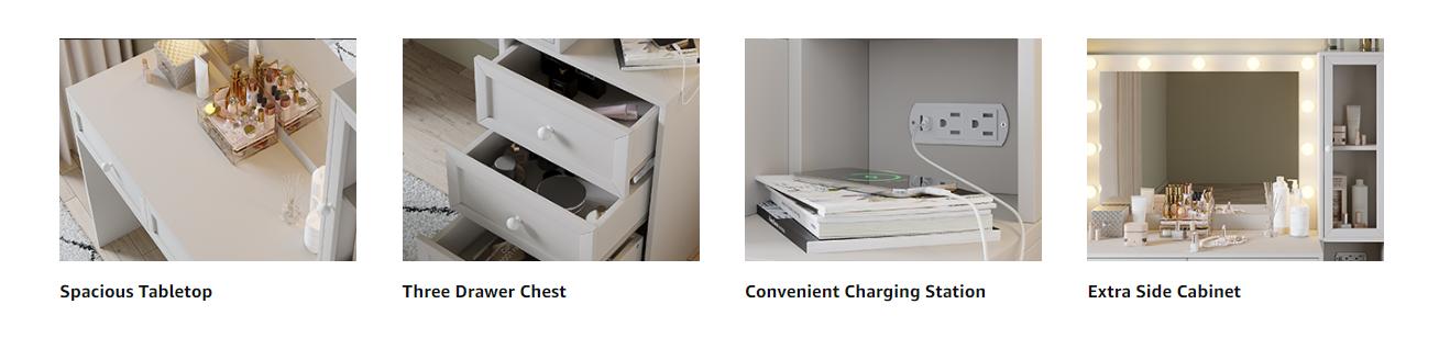 43" W Vanity Desk with Mirror & 11 Lights,Modern Makeup Desk with 5 Drawers,3 Lighting Modes Brightness Adjustable,Power Outlet,Bedroom. White Dresser