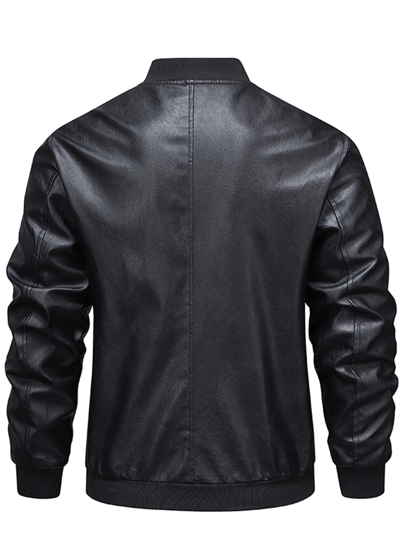 Men's PU Leather Jacket, Fitted Classic Casual Style, Zipper Baseball Collar Coat, Long Sleeve Side Pockets Design, Menswear