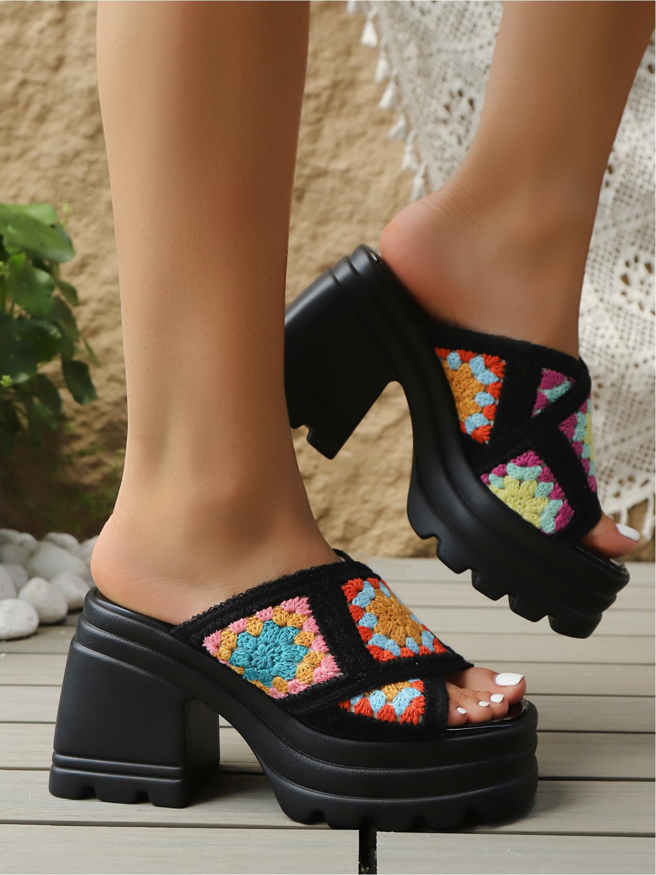 Boho Style Handmade Crochet Shoes, Colorful Block Pattern, Cross Strap Design, Thick Sole Heel, Waterproof Anti-Slip, Comfortable & Stylish