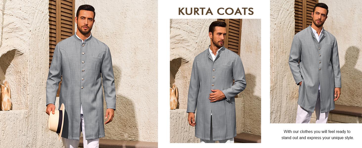 Runcati Mens Kurta Coats Indian Mandarin Collar Attire Ethnic Outfits Wedding Festive Party Clothing Casual Kaftan Robe